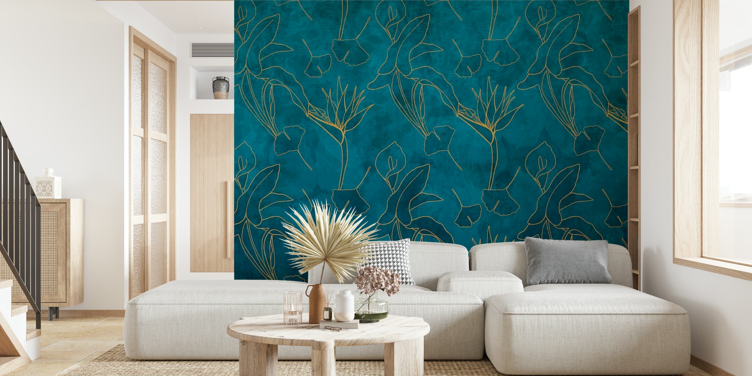 Floral jungle teal blue golden wallpaper