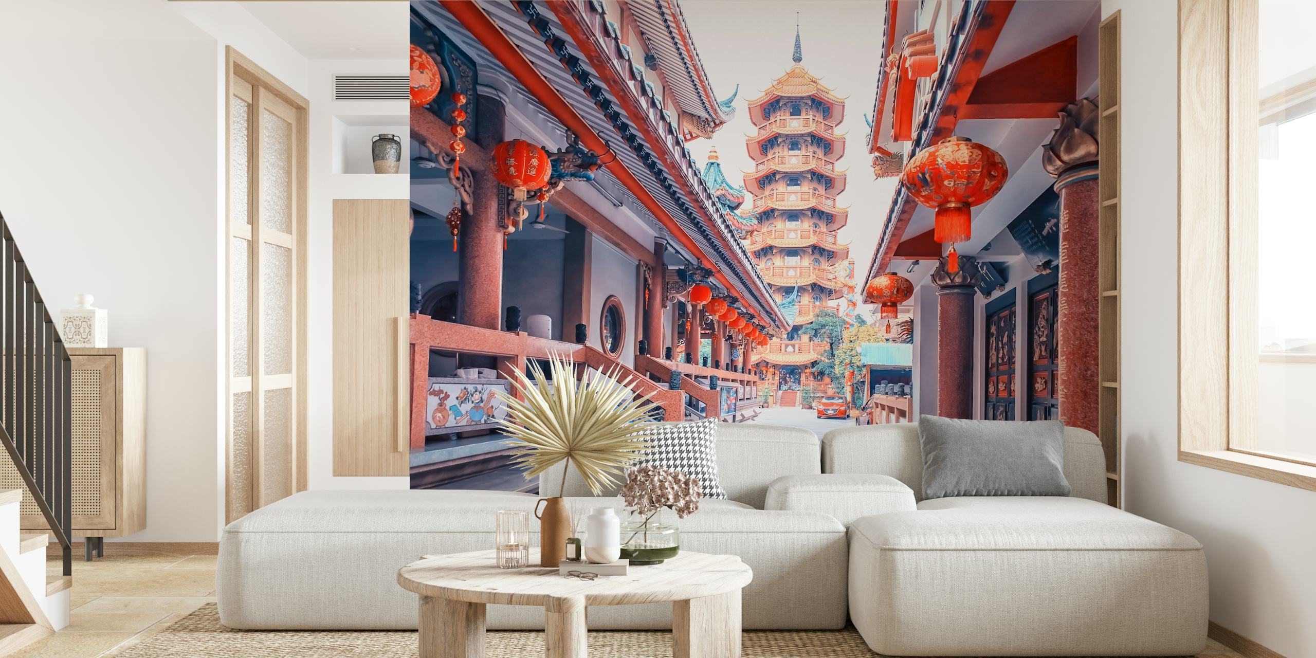 Traditional Chinese temple with colorful lanterns and architectural details wallpaper