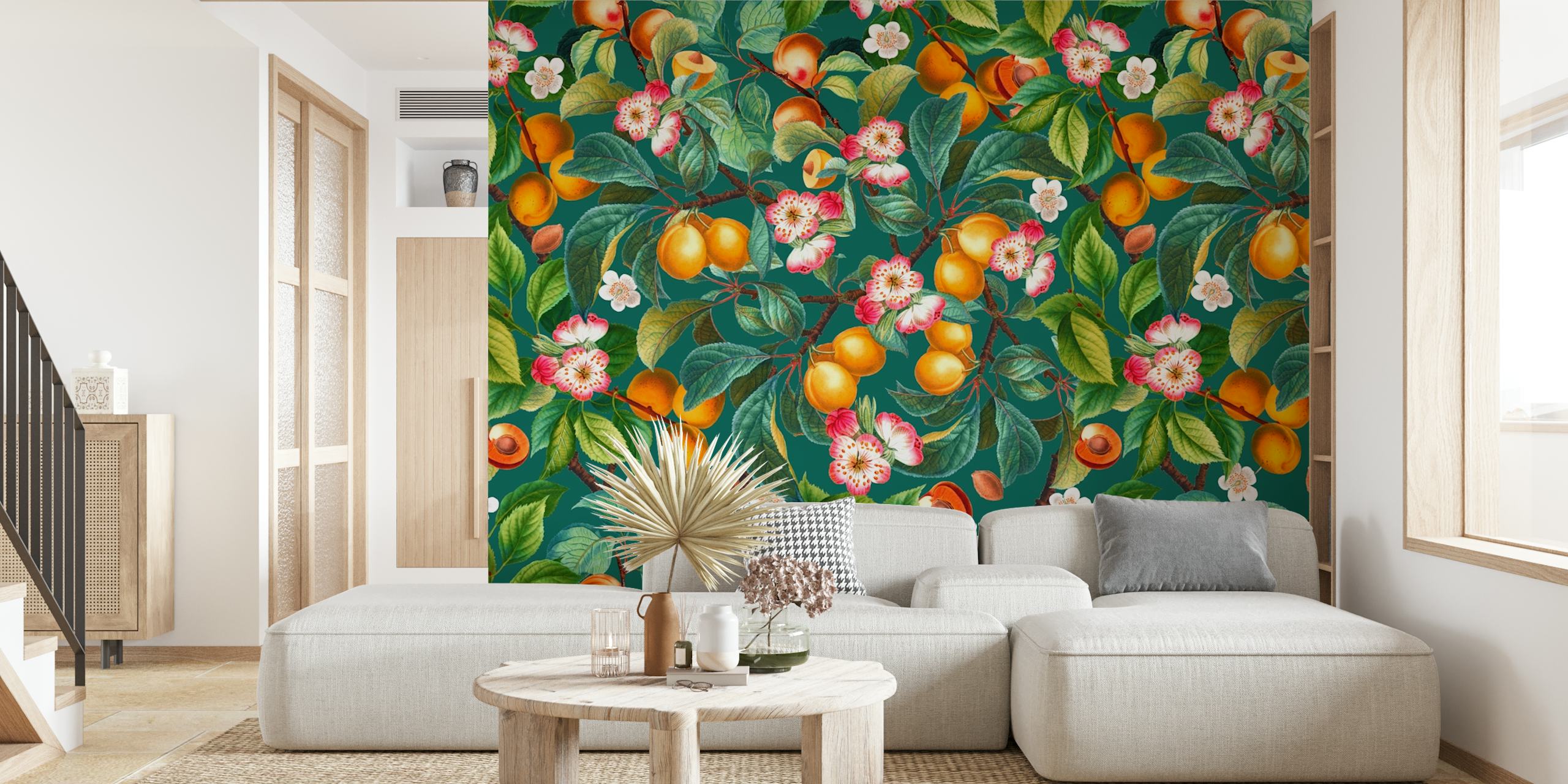 fotomural vinílico de parede com padrão exuberante de frutas e flores com laranjas e flores