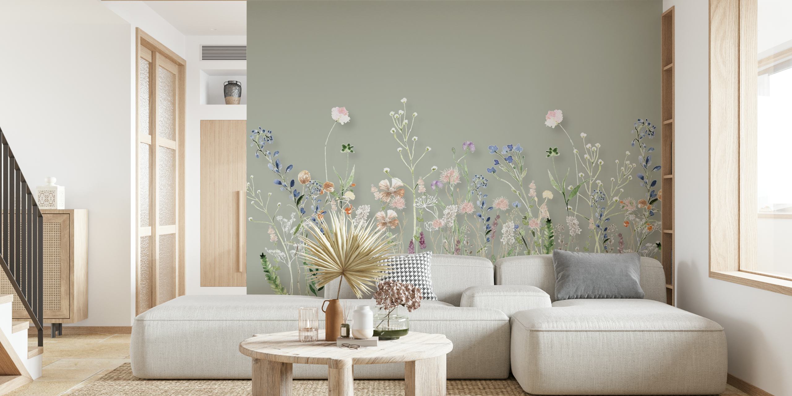 Pastel wildflowers in bloom on green background wallpaper