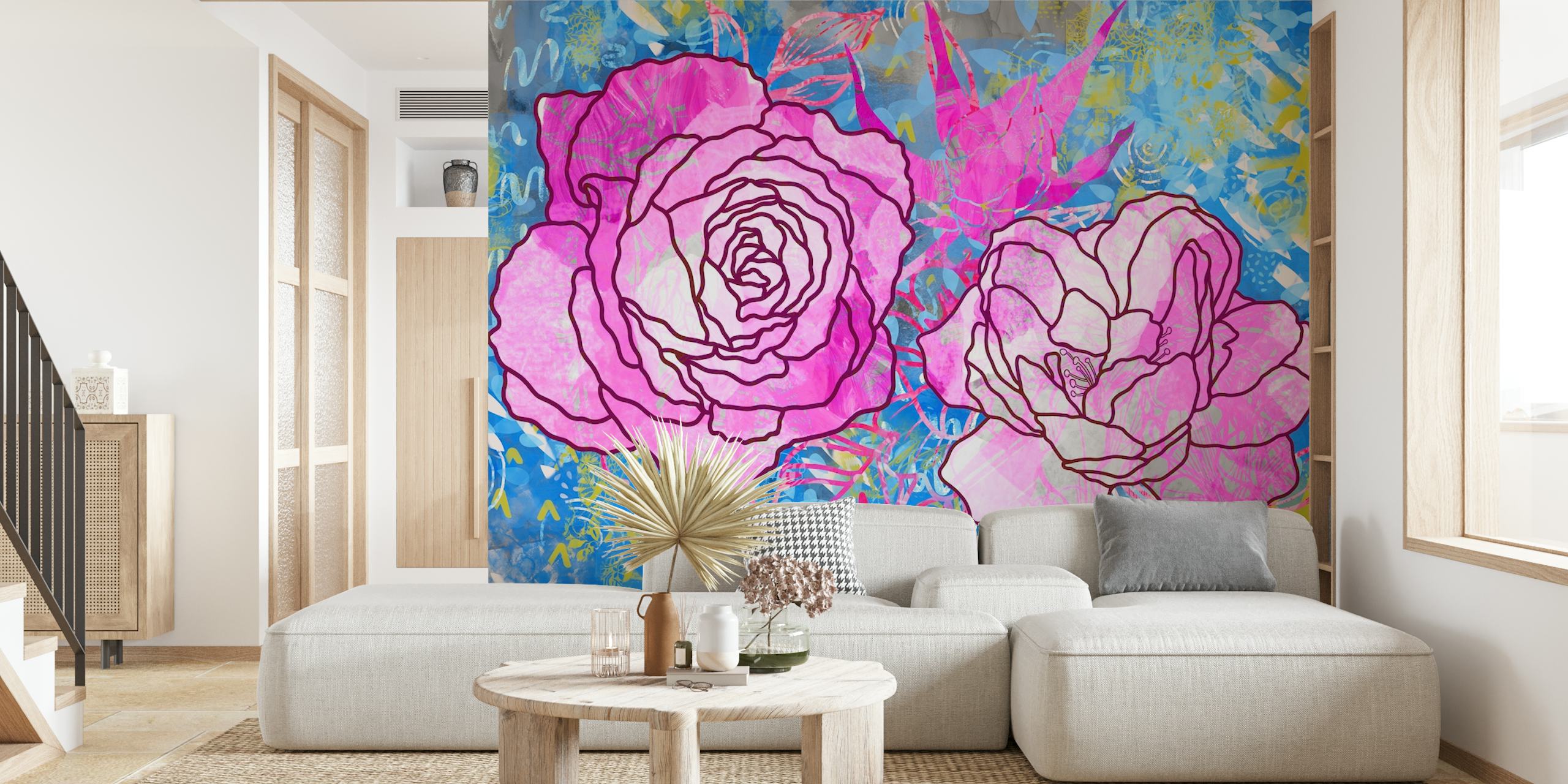 Magical pink roses wallpaper in a room