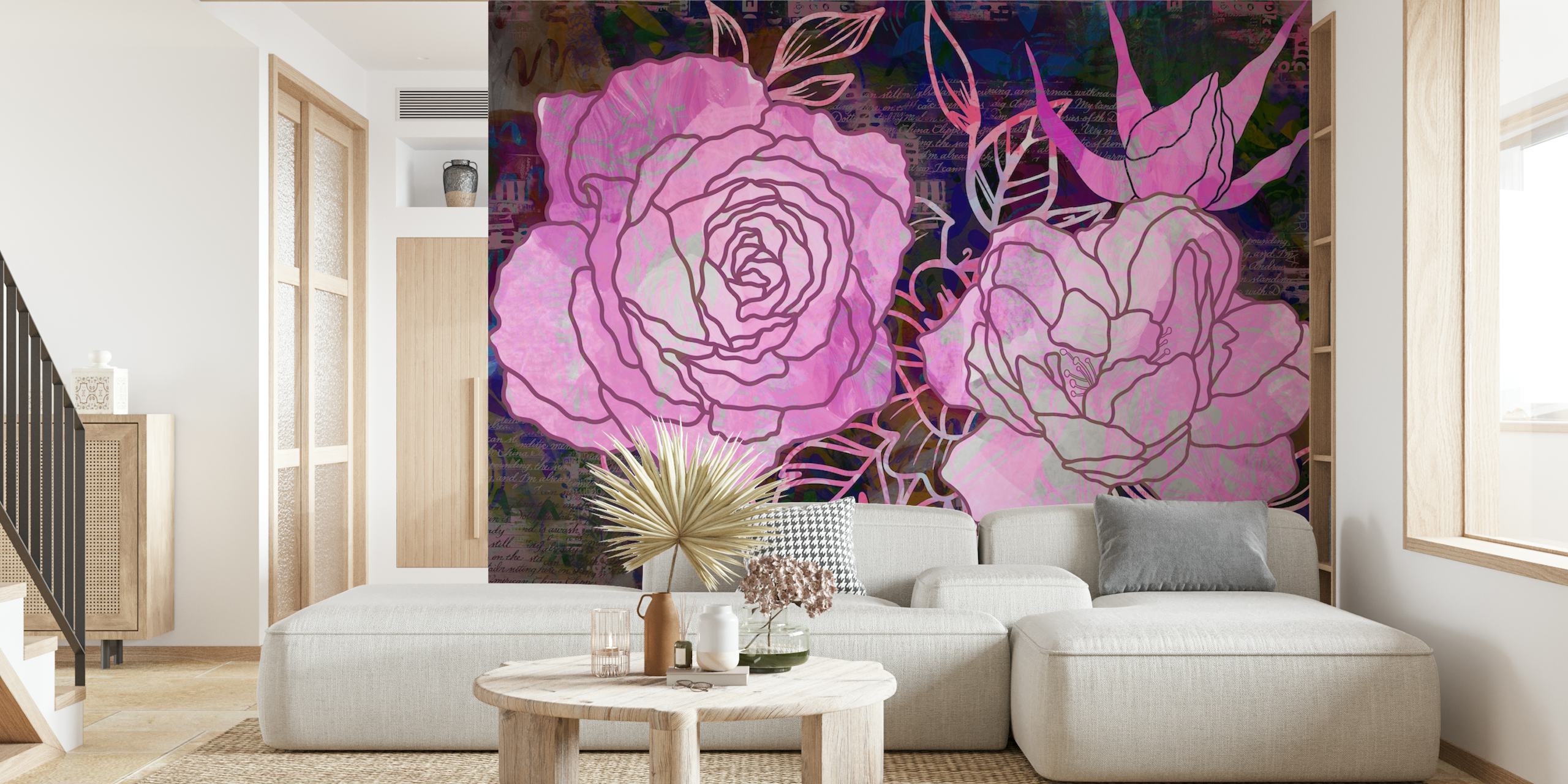 Mixed Media Magical Pink Roses mural with pastel colors on textured background