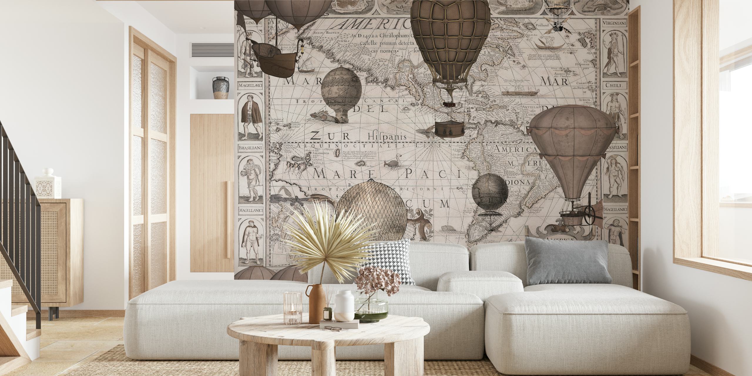 Antique world map with steampunk hot air balloons wall mural
