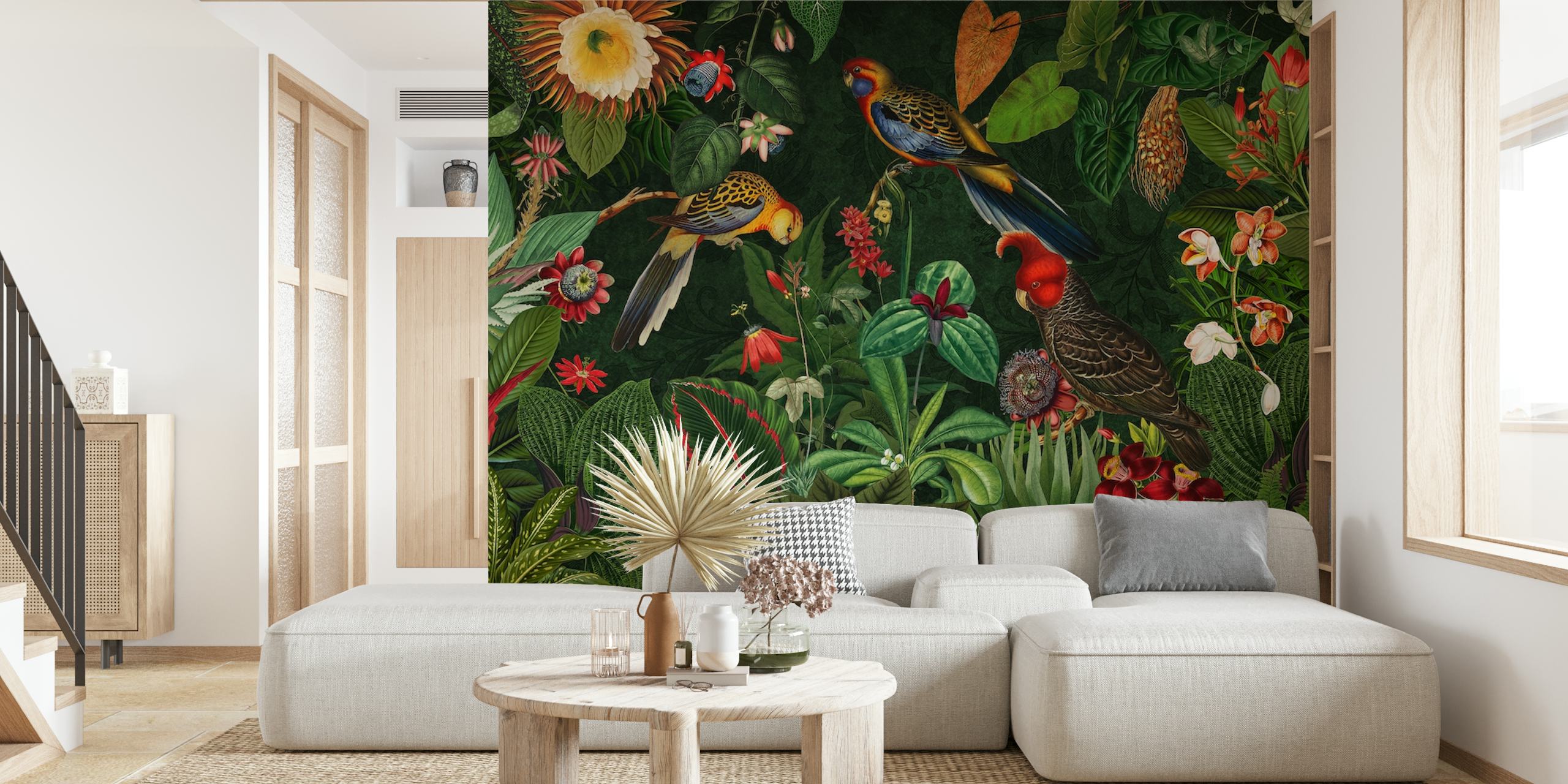 Moody botanical wallpaper with jungle birds