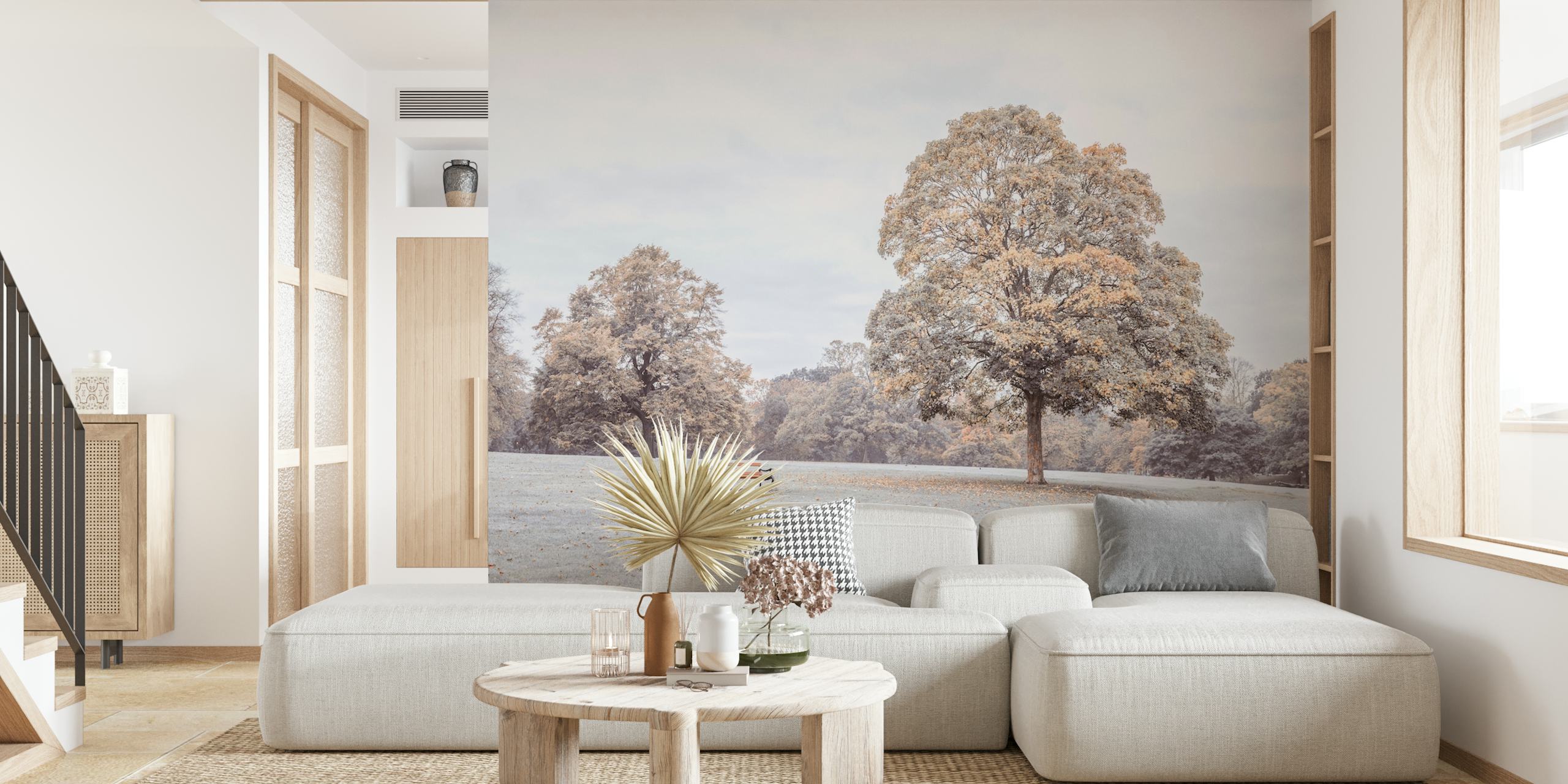 Autumn park bench under a big tree with a soft beige color palette wallpaper