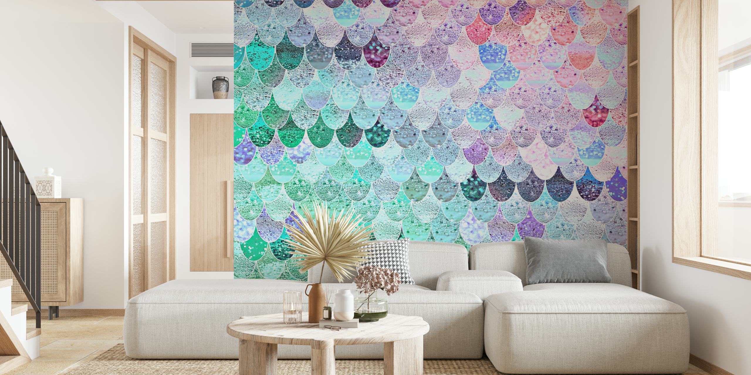 Colorful mermaid scale pattern in shades of blue, pink, and green wallpaper