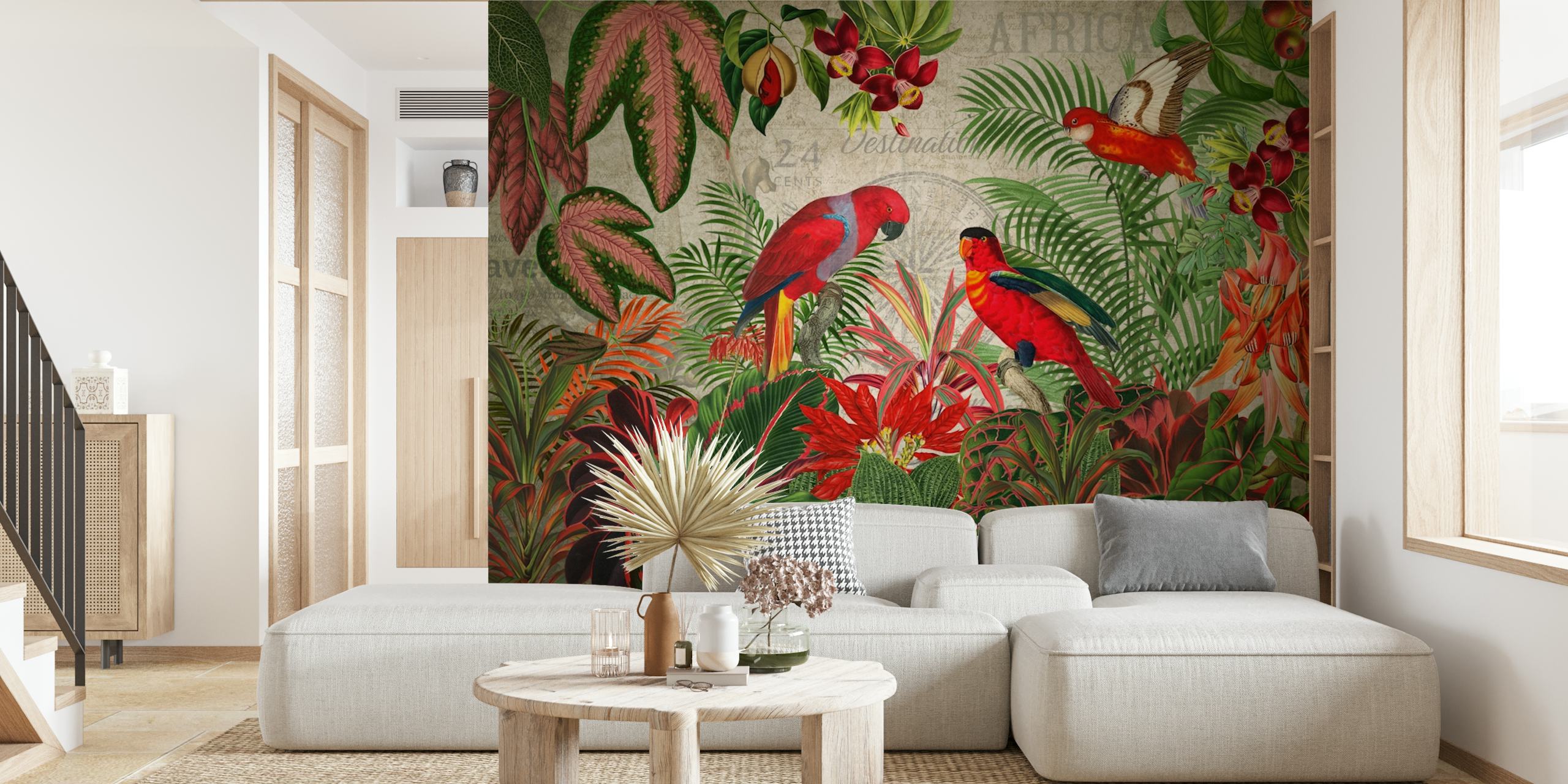 Vintage rainforest wallpaper with red parrots