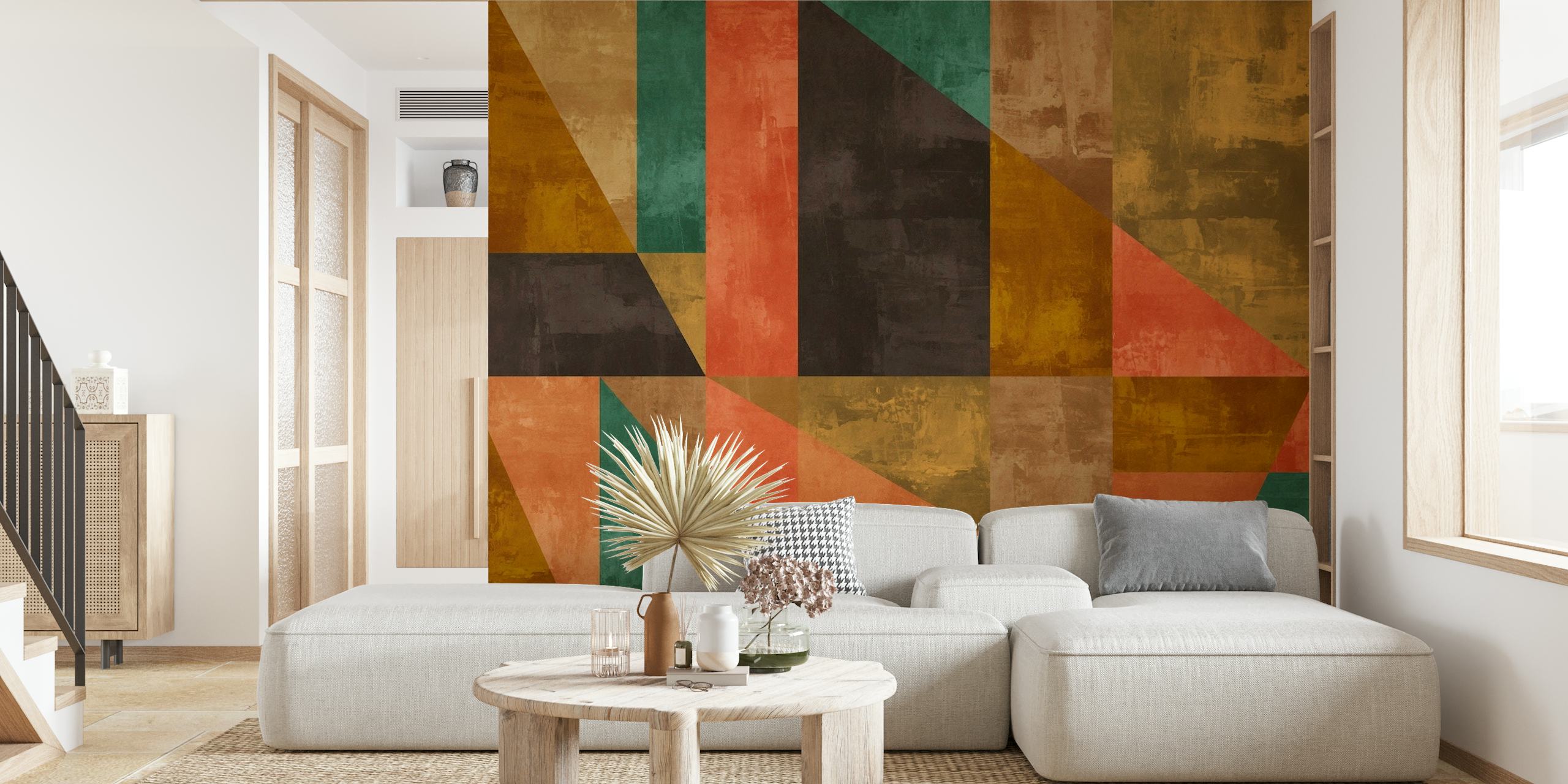 Mural de parede com pintura rústica abstrata com formas geométricas em tons de terra e âmbares quentes
