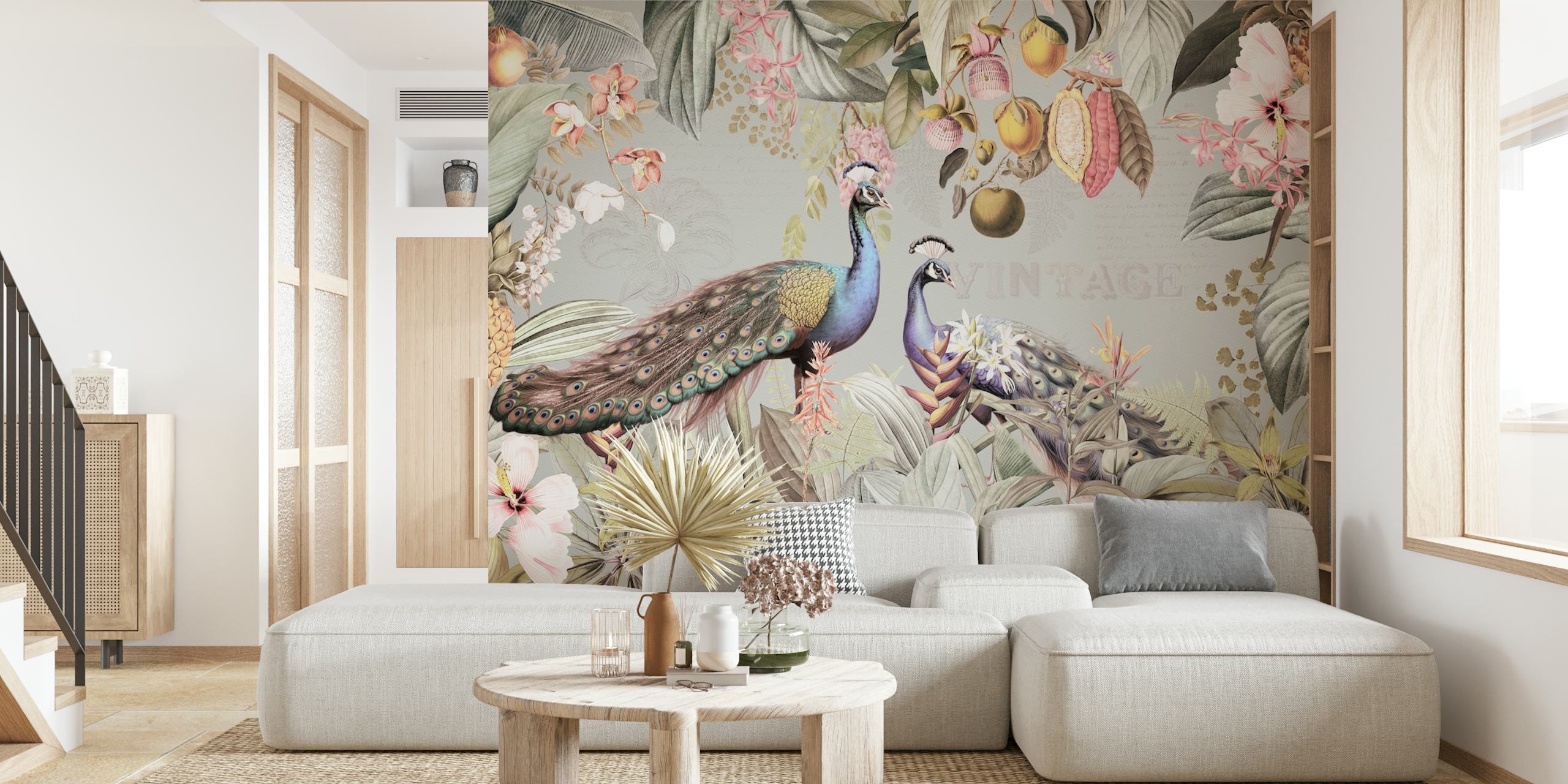 Vintage peacock wallpaper in a room