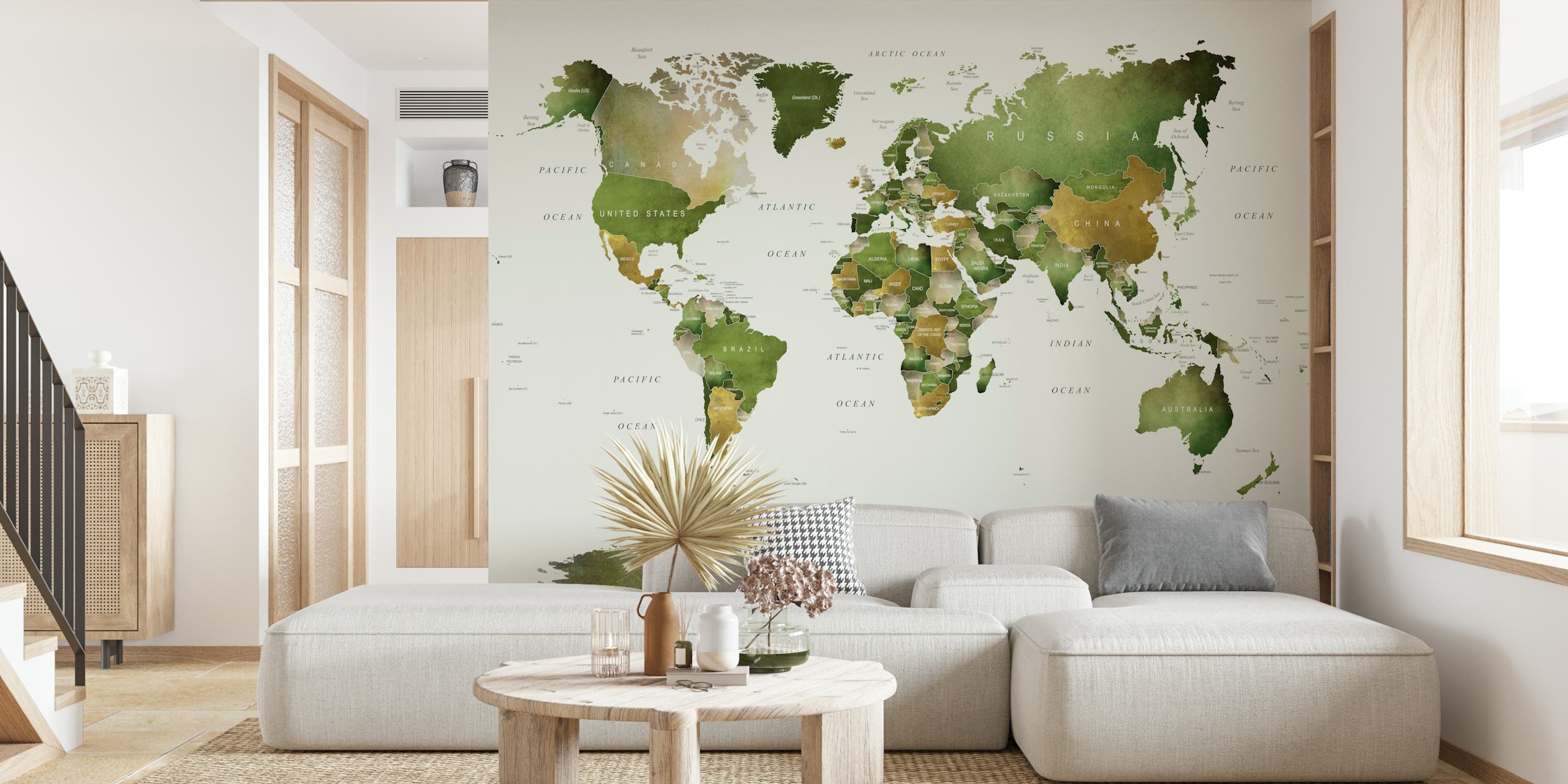 World Map in Green Tapete in einem Raum angezeigt