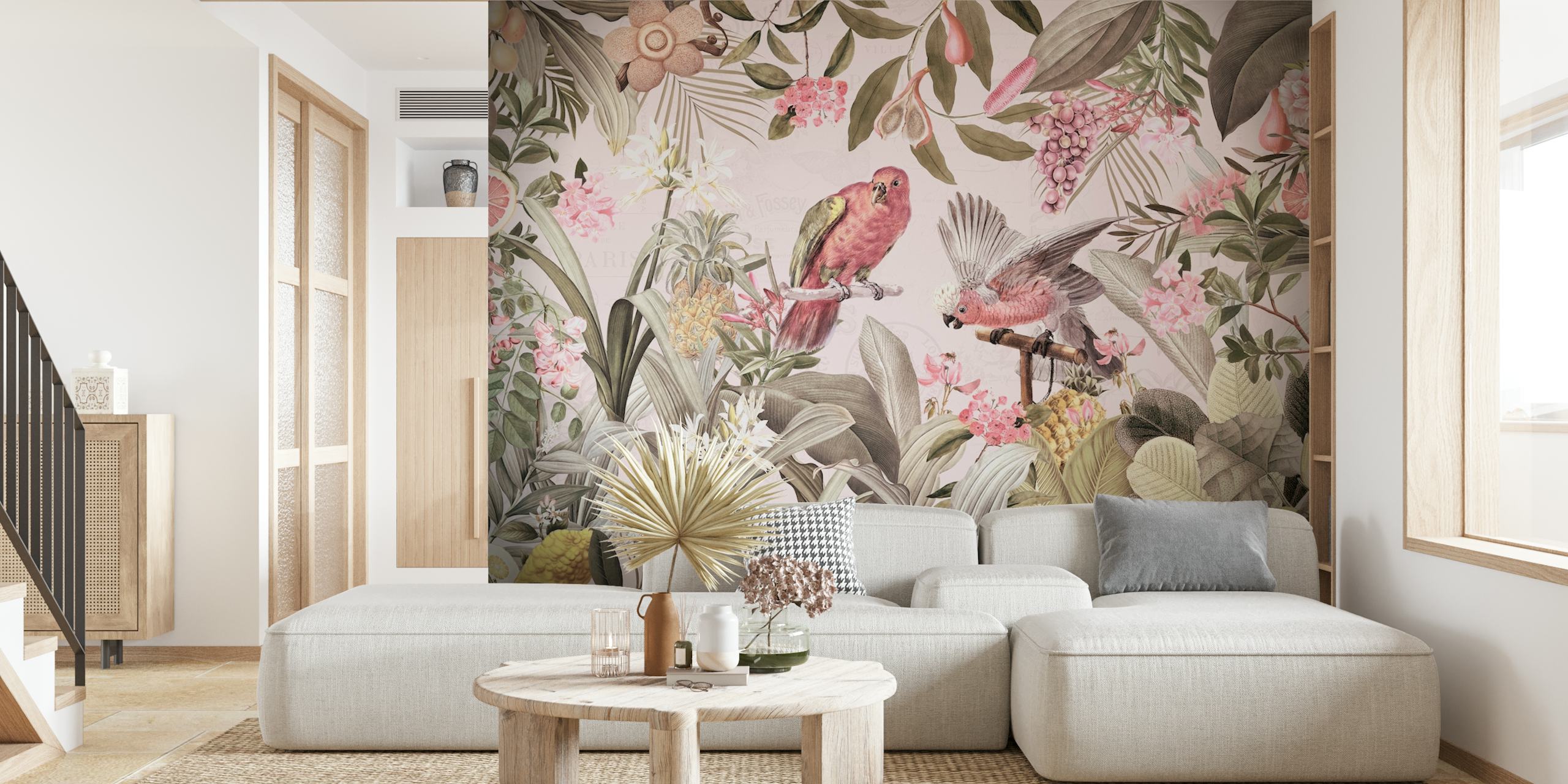 Colorful Parrots In Flower And Fruit Tropical Jungle ταπετσαρία