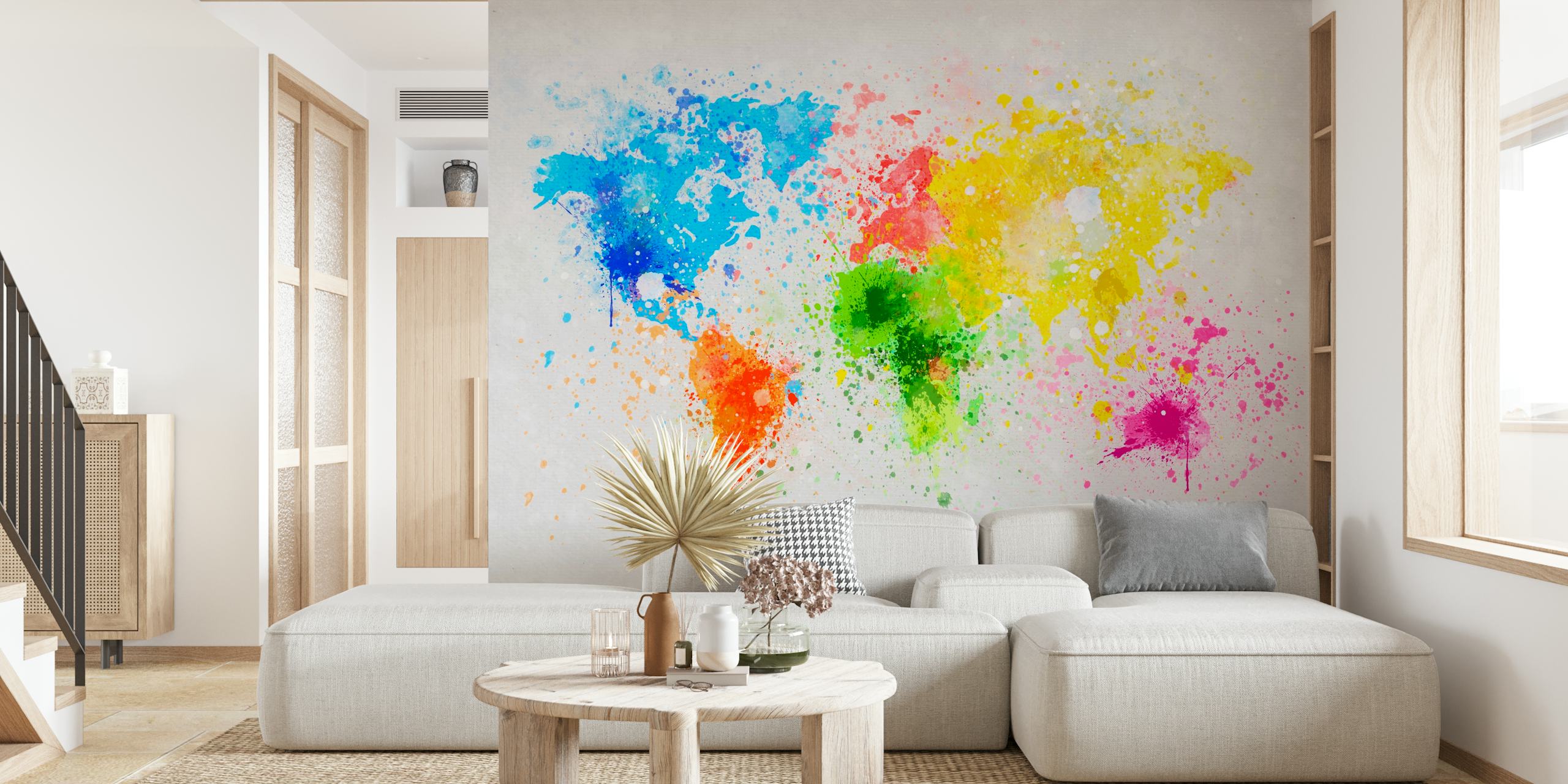 Colorful world map wall mural with splashes of paint