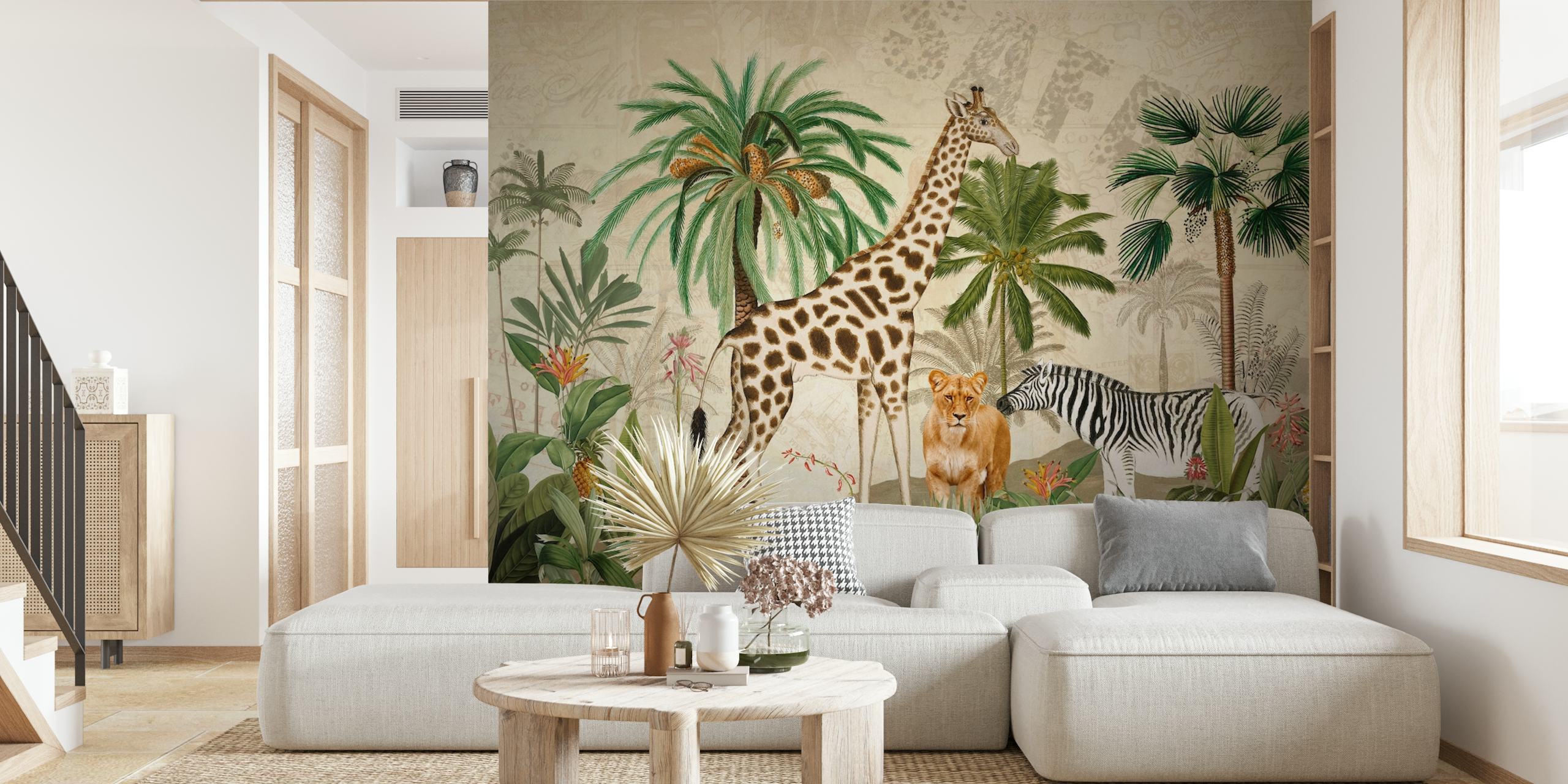 Vintage style jungle safari wall mural featuring giraffes, leopards, and zebras in a lush setting