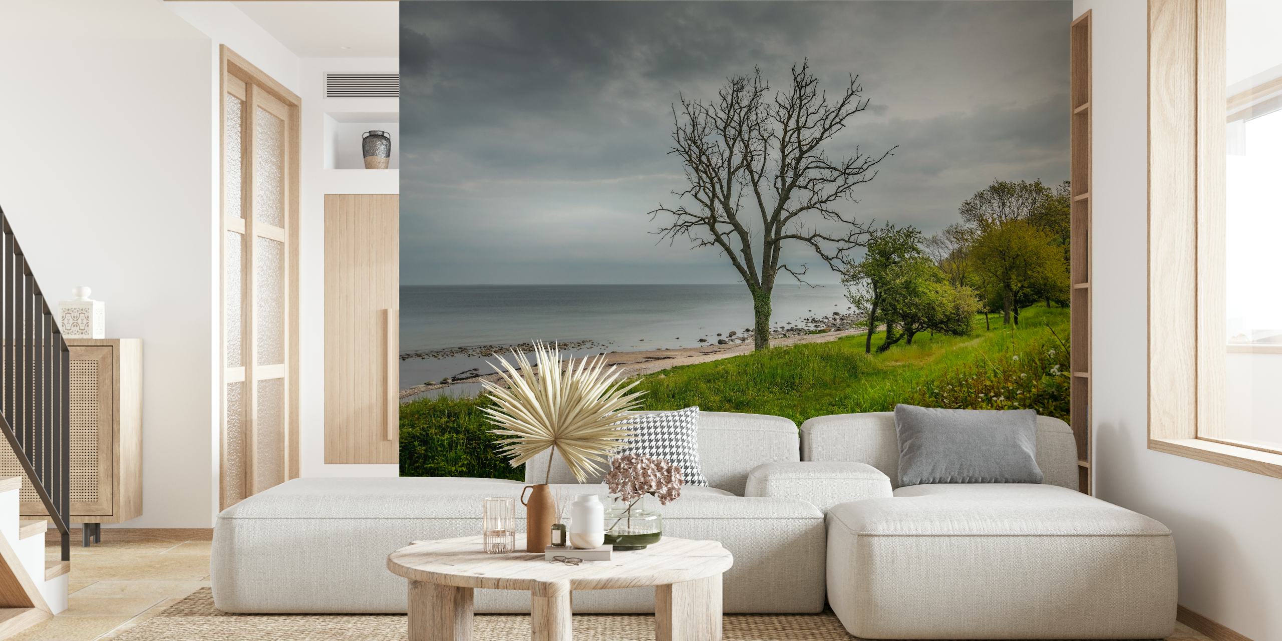 Scenic beach view with tree and sea wallpaper