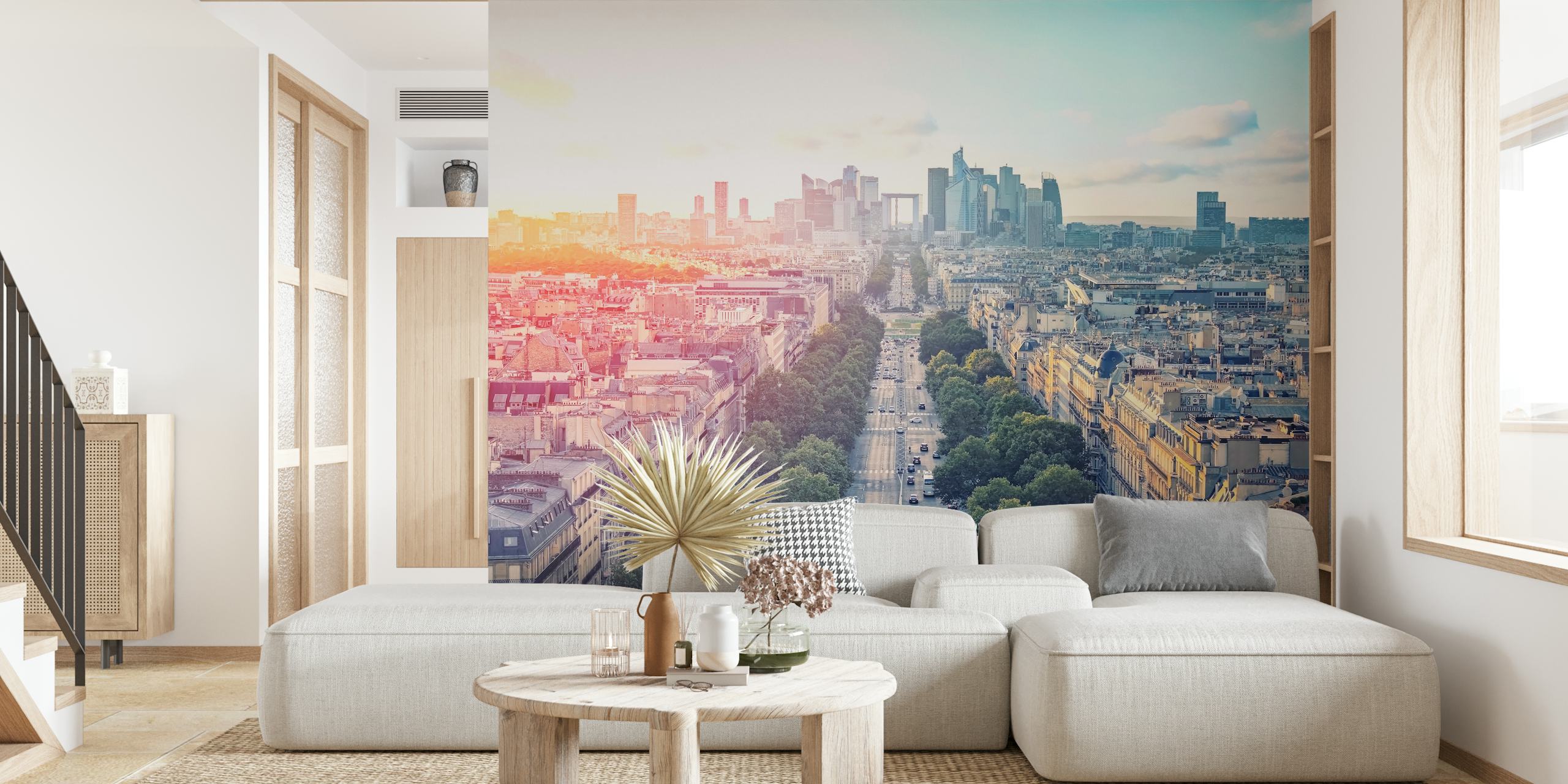 Panoramic view of Paris cityscape with buildings, trees, and blue sky wallpaper