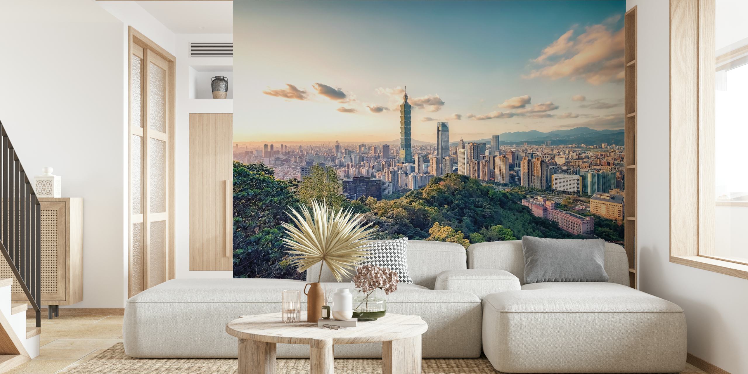 Mural del horizonte de la ciudad de Taipei con el rascacielos Taipei 101