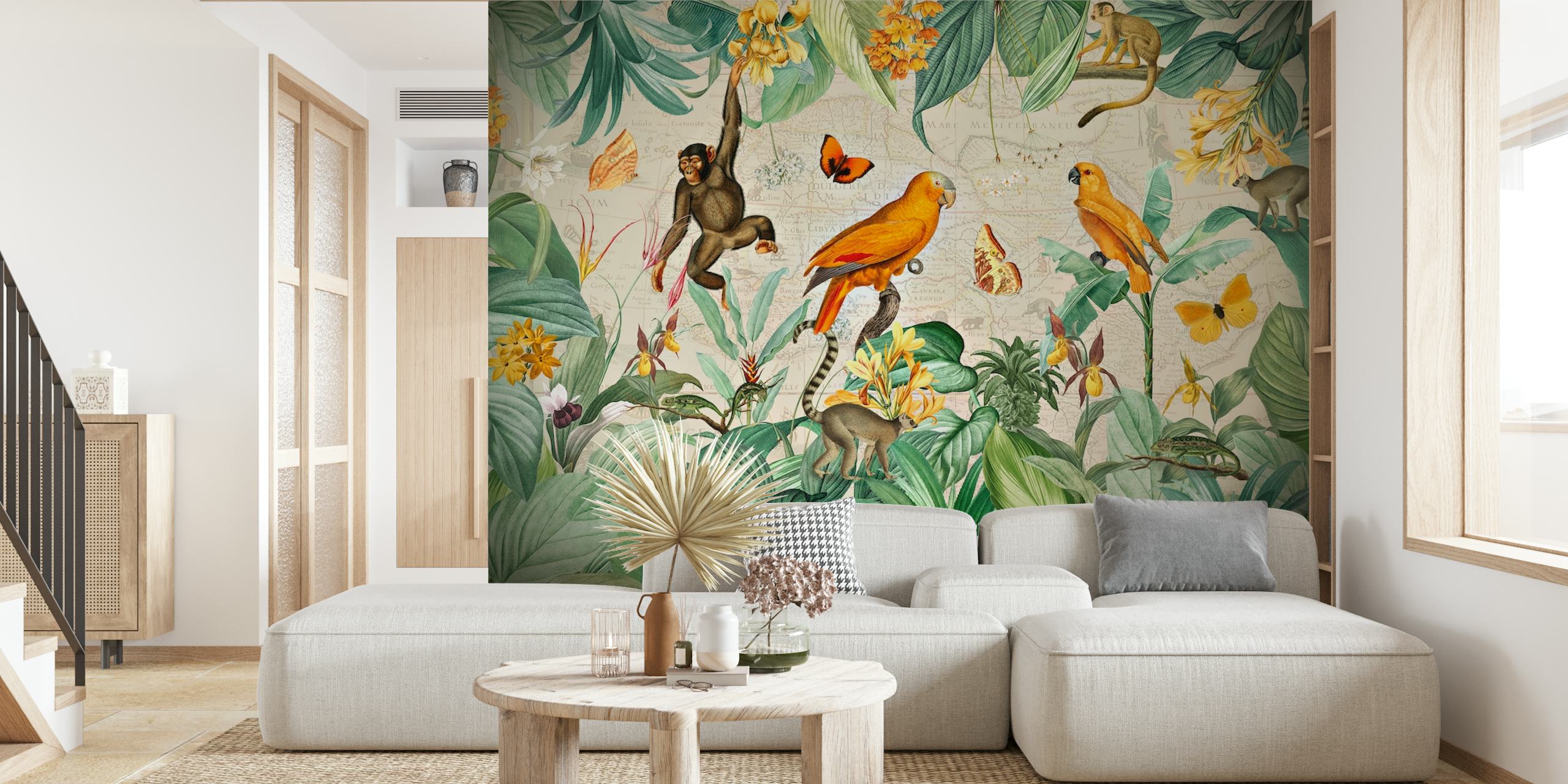 Colorful tropical animals including monkeys and parrots on botanical background wallpaper