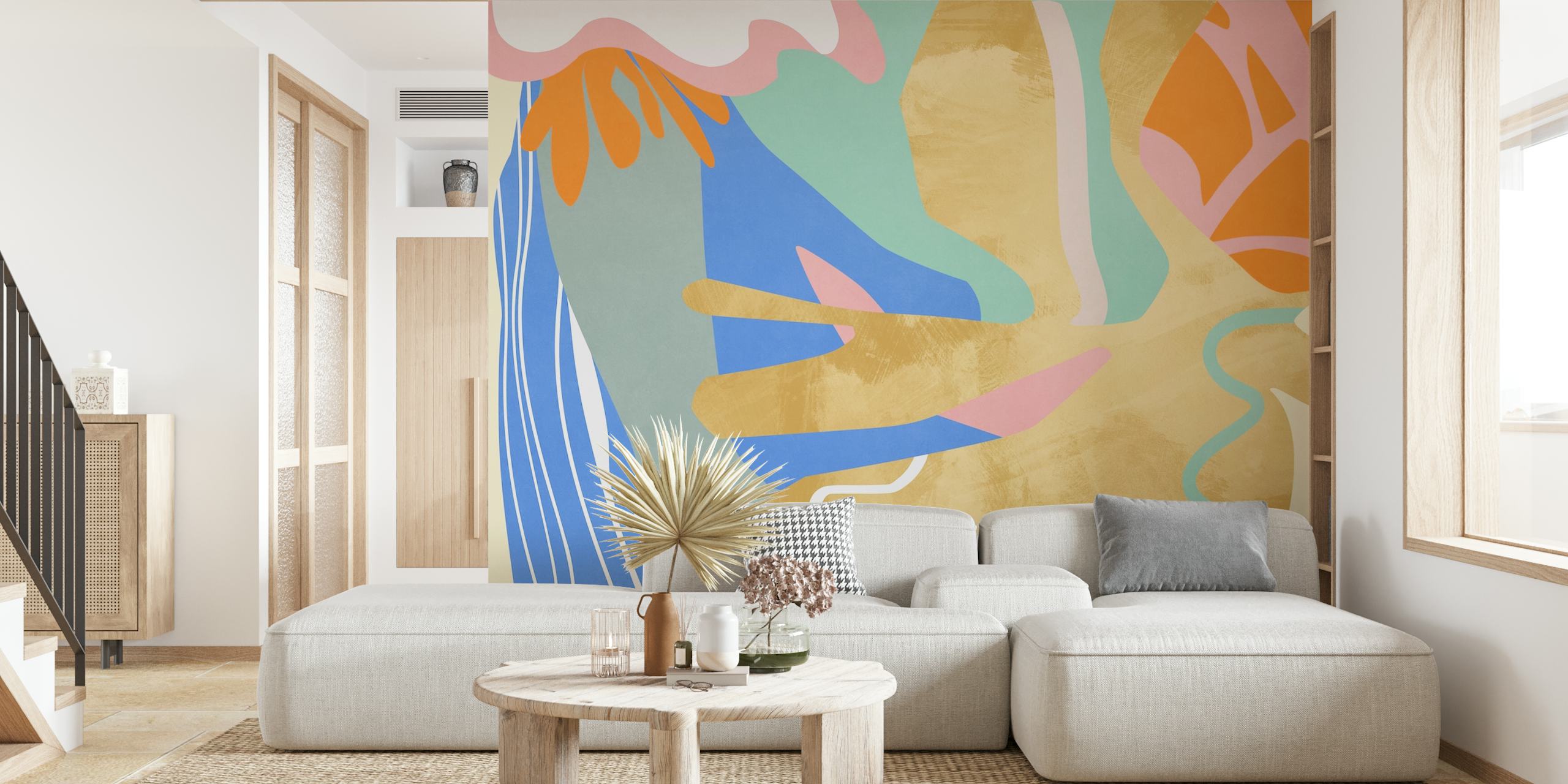 Colorful abstract shapes in blue, pink, orange, and yellow wallpaper