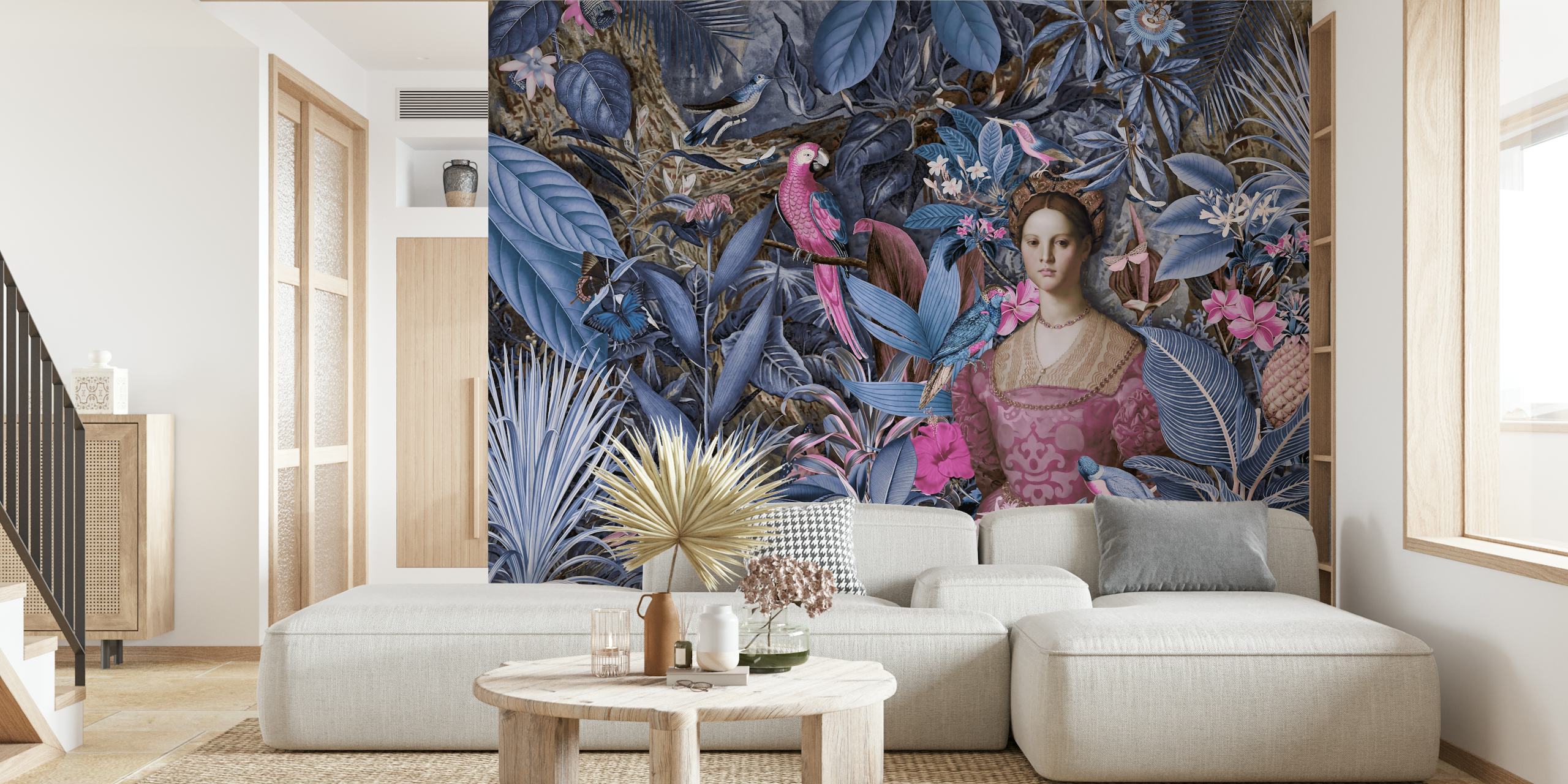 Baroque lady with parrots among lush blue and pink jungle wallpaper