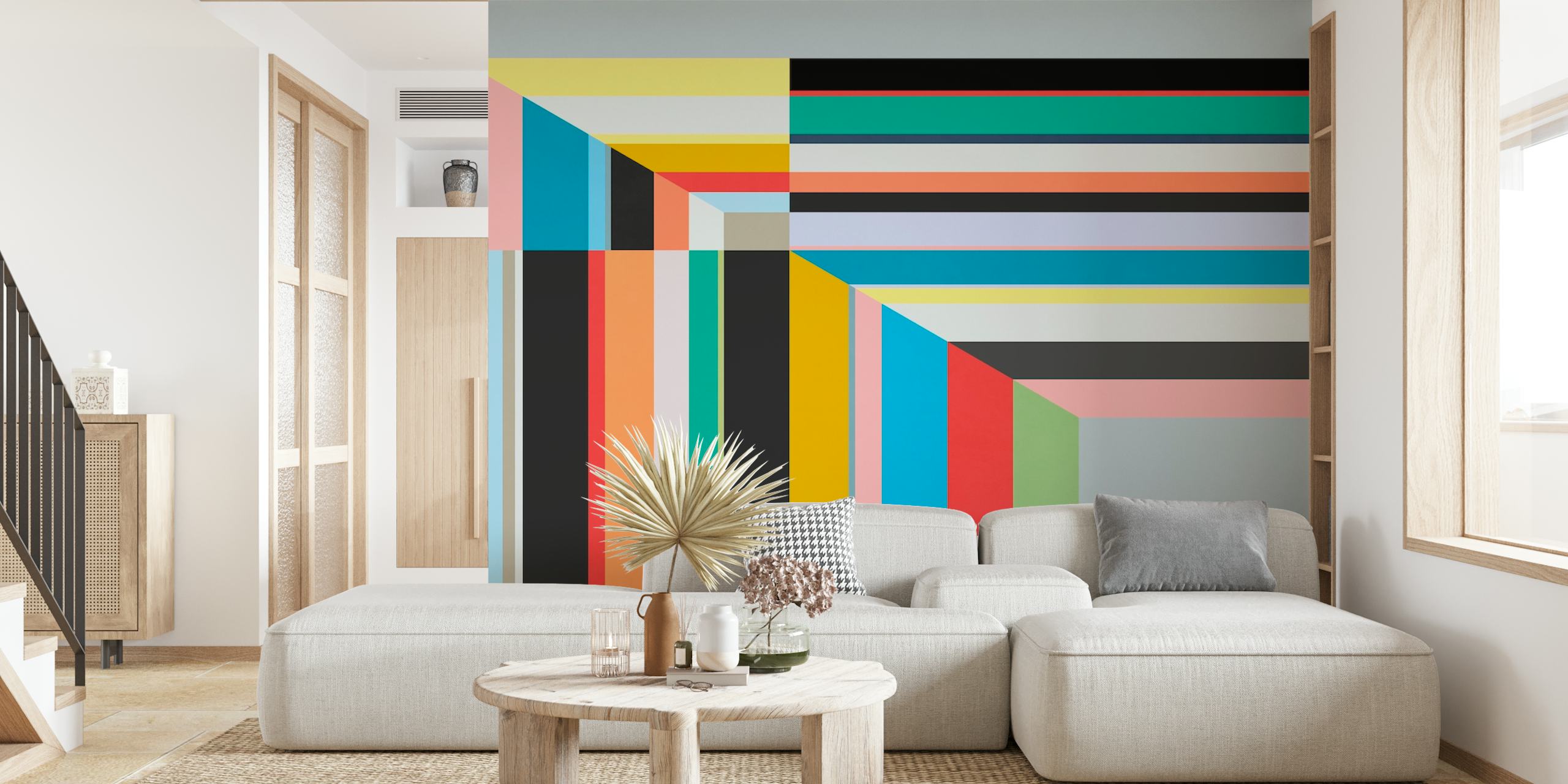 Framed 2 In abstract geometric wall mural with colorful stripes and blocks