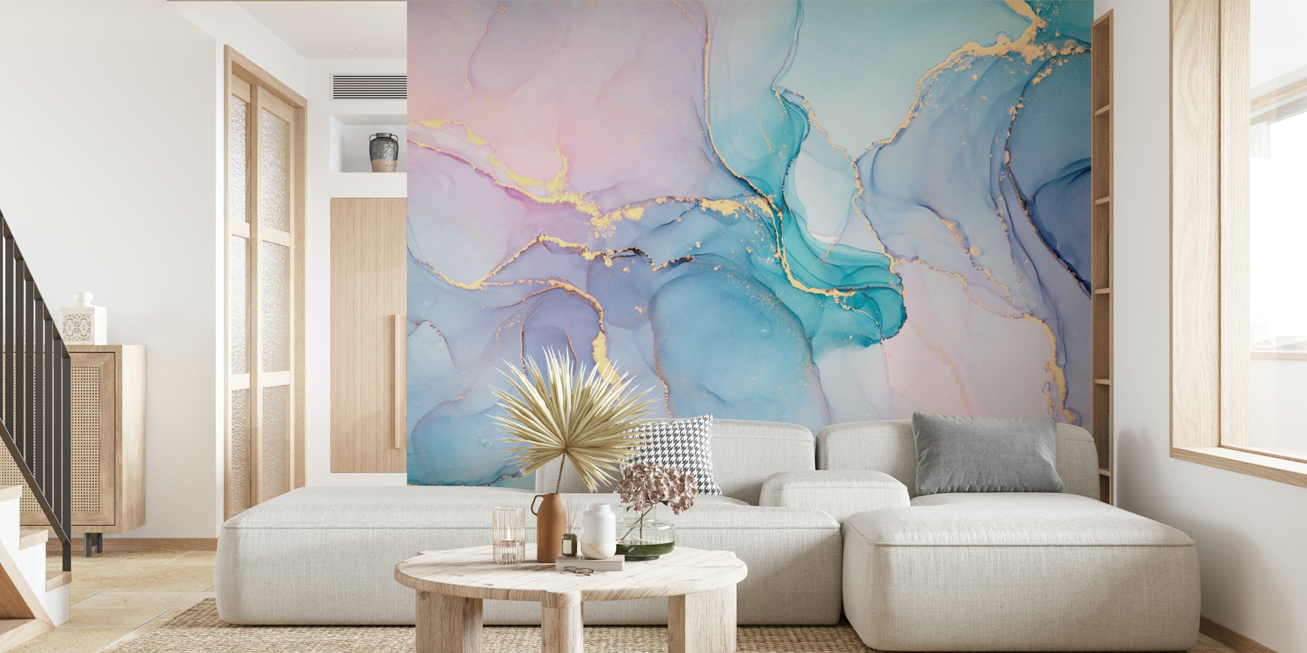 Blue and pink fluid abstract design with gold accents wallpaper