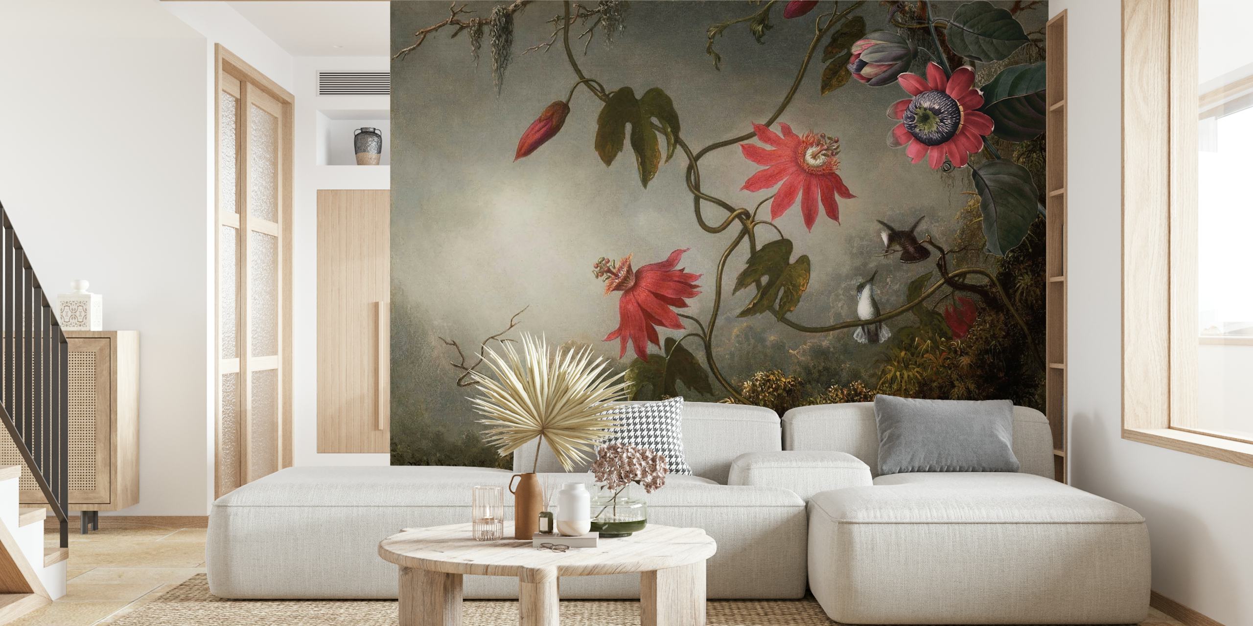 Tropical Flower Jungle wallpaper tentoongesteld in een kamer