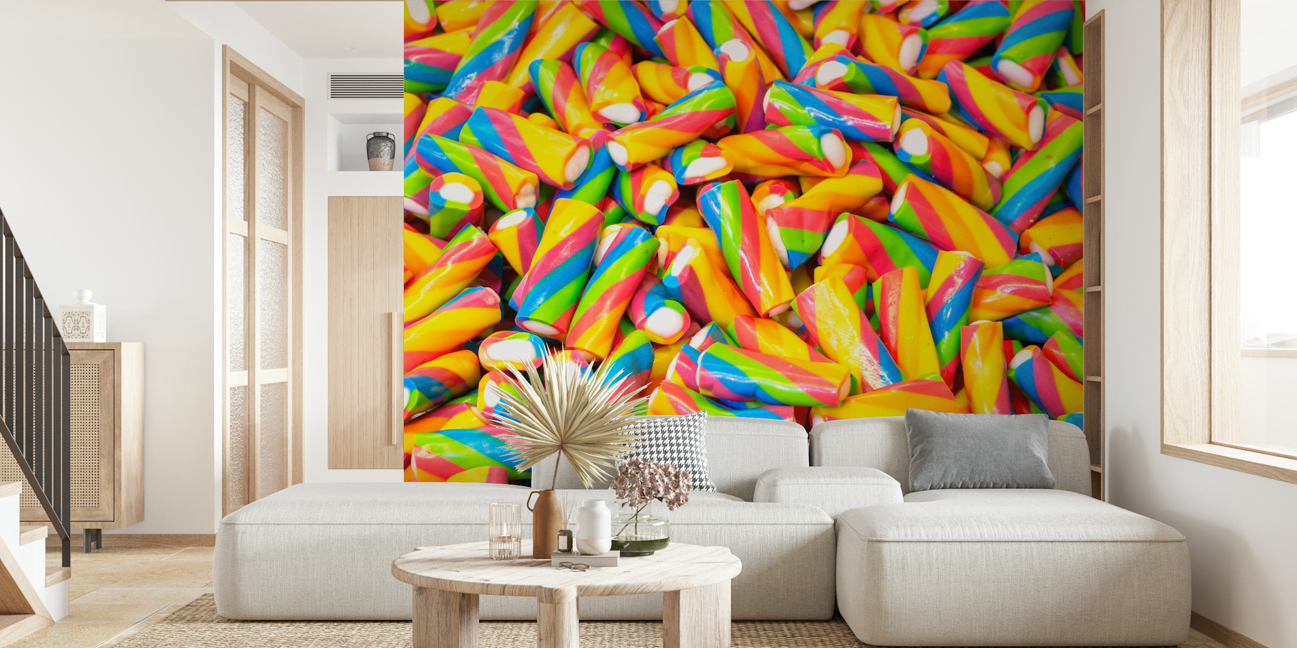 Colorful candy-striped design in bright yellow, red, blue, and green wallpaper