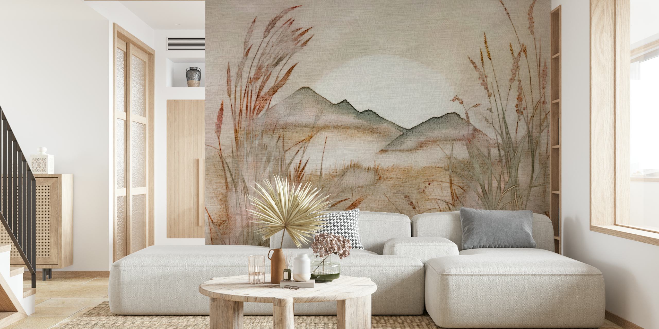 Beige Japandi mountains with grass and soft sunlight; artistic wallpaper