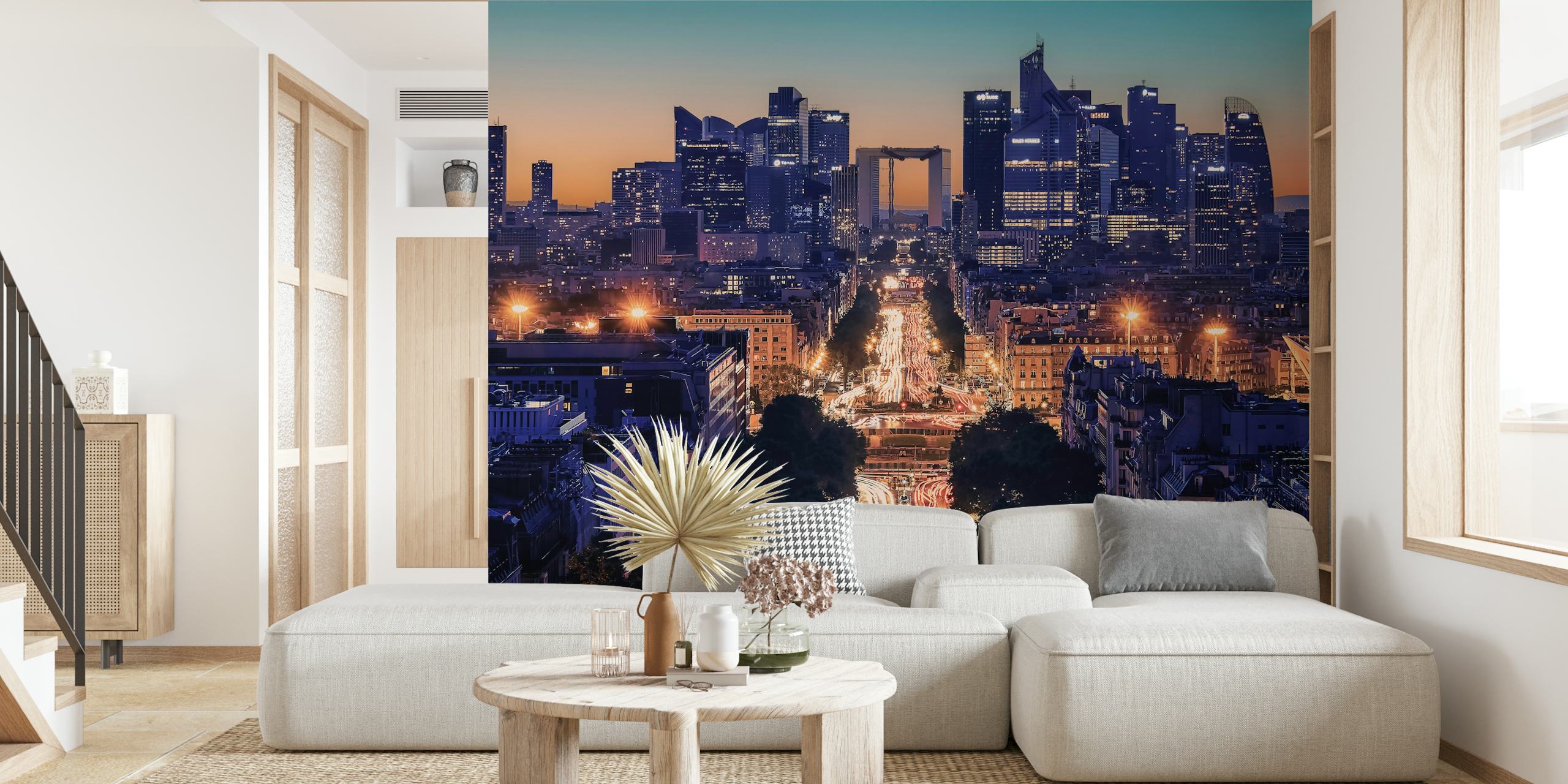 Cityscape at sunset with buildings and street lights wallpaper