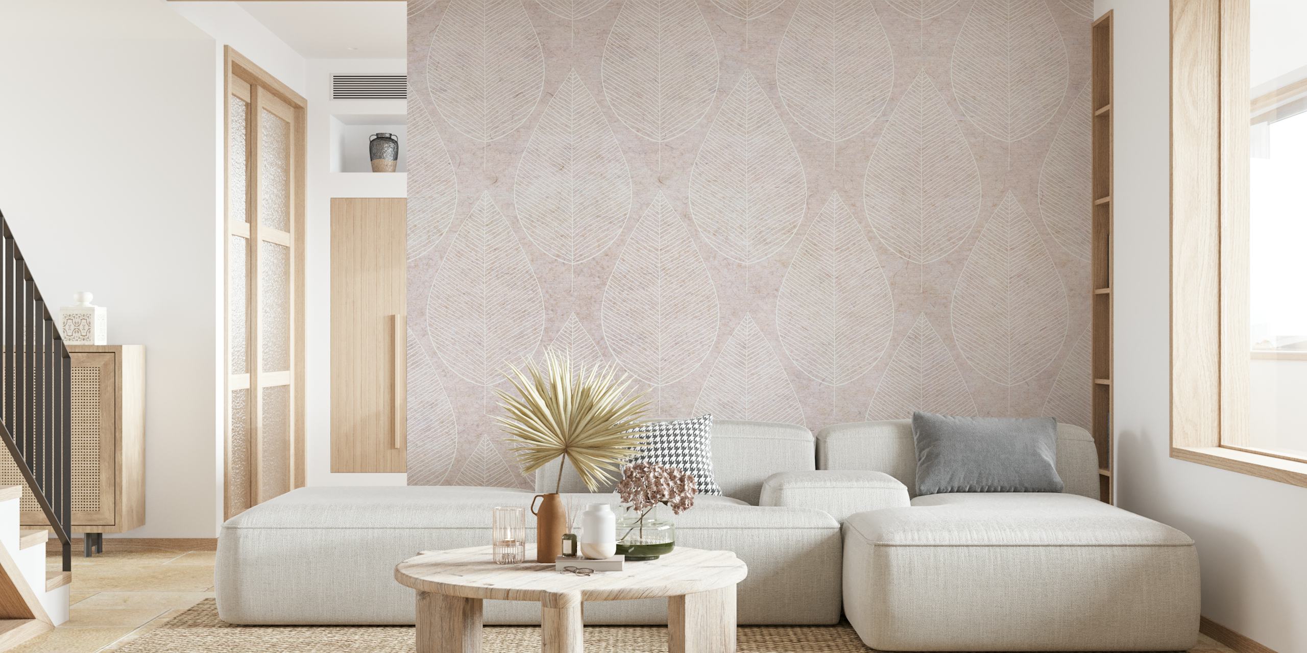 Minimalist leaf pattern in white and beige wallpaper