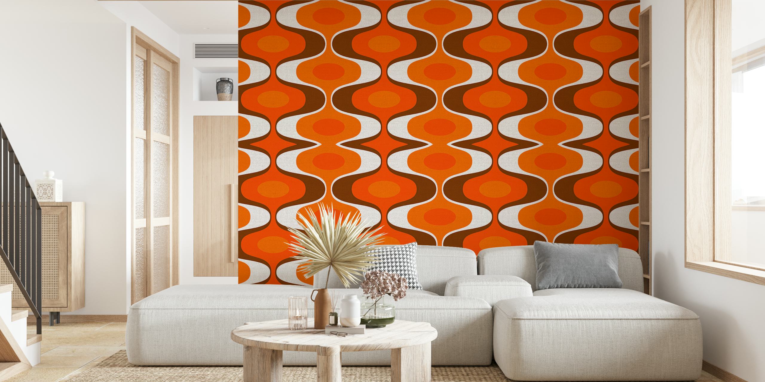 Vintage-inspired wall mural with a 70s retro groovy pattern in orange and brown colors.