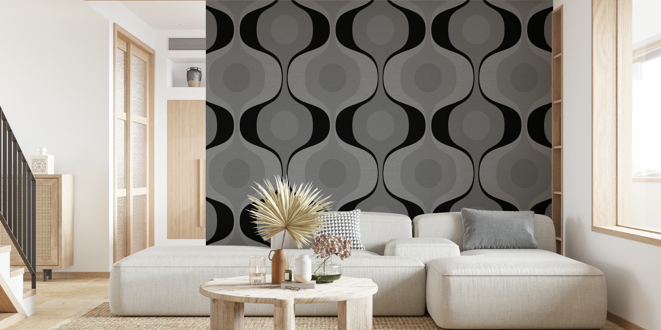 Mid century modern wallpaper featuring black and gray wavy patterns with circular accents