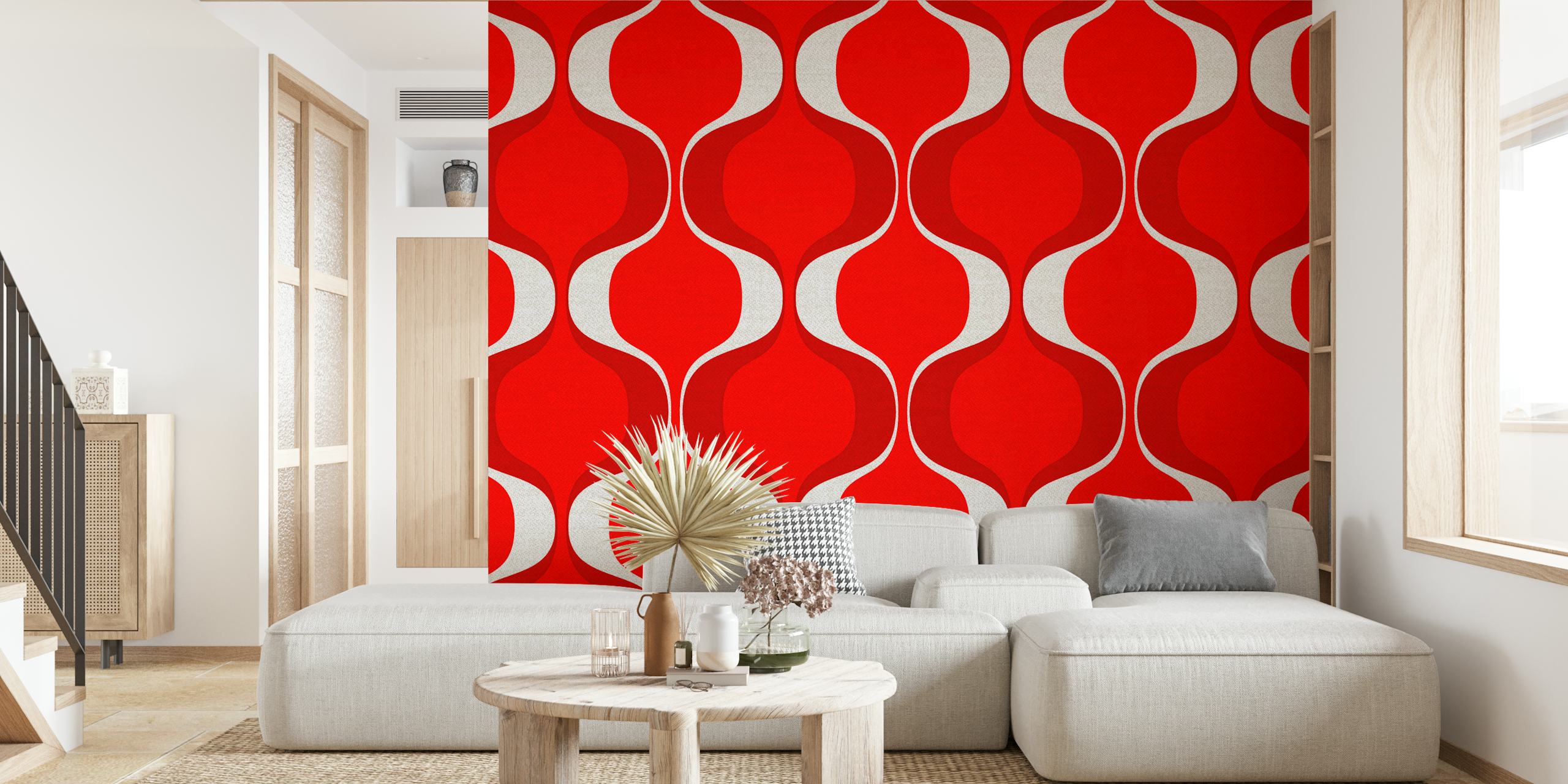 papel pintado Retro 70s Funky Red Geo en una habitación