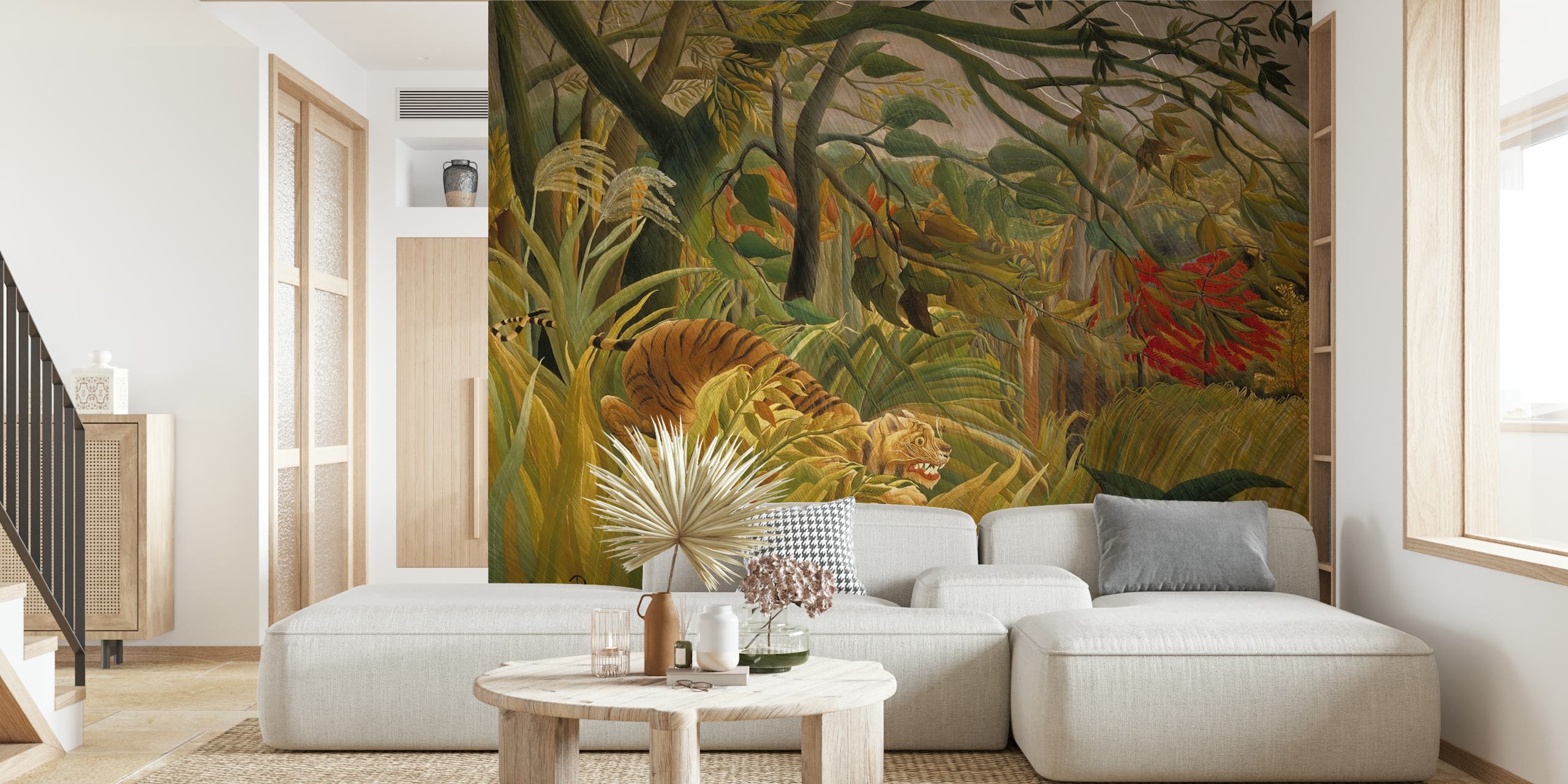 Tiger hiding among lush green ferns and tropical foliage wallpaper
