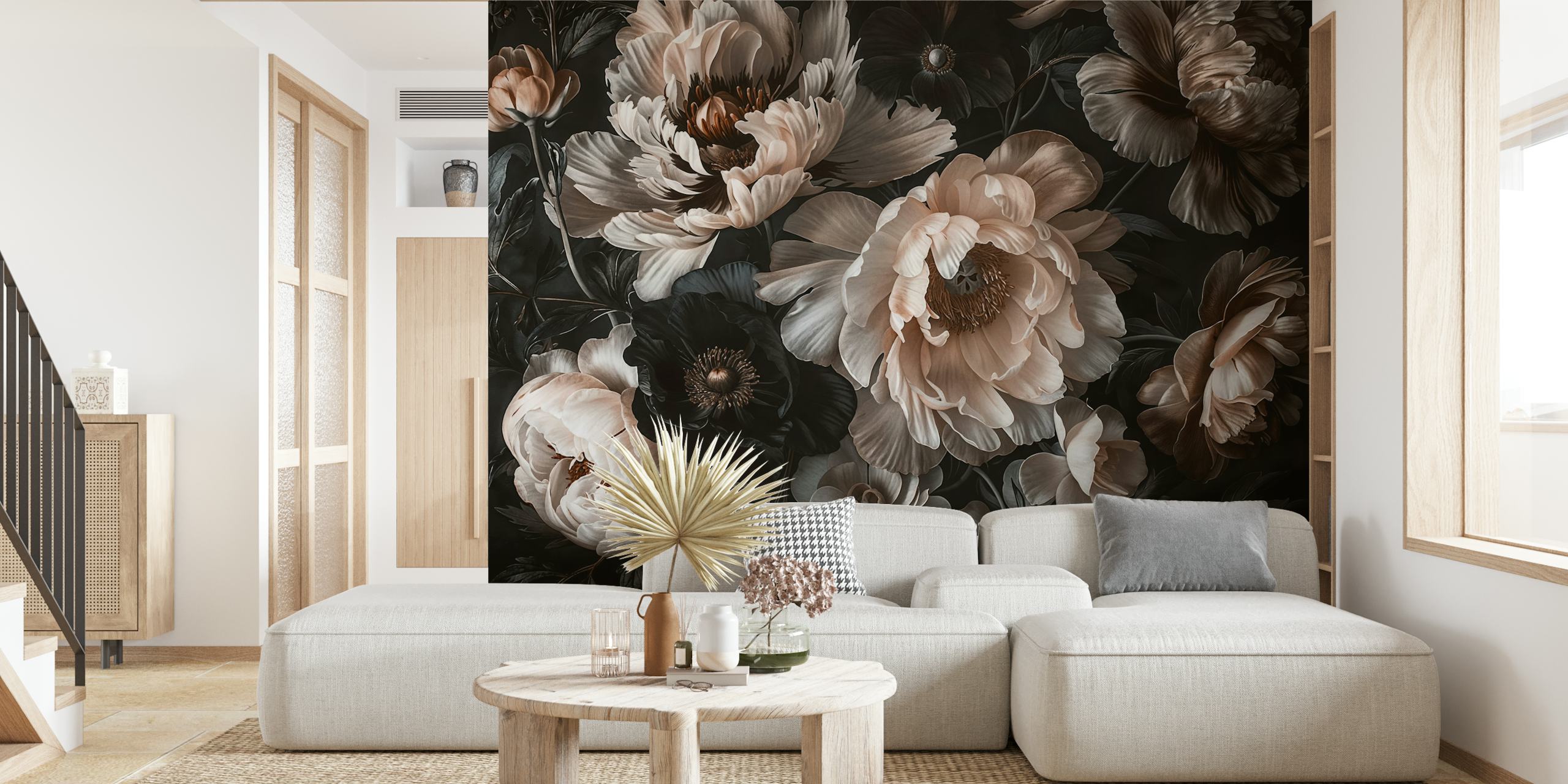 Luxurious dark floral wall mural with baroque influences in blush tones