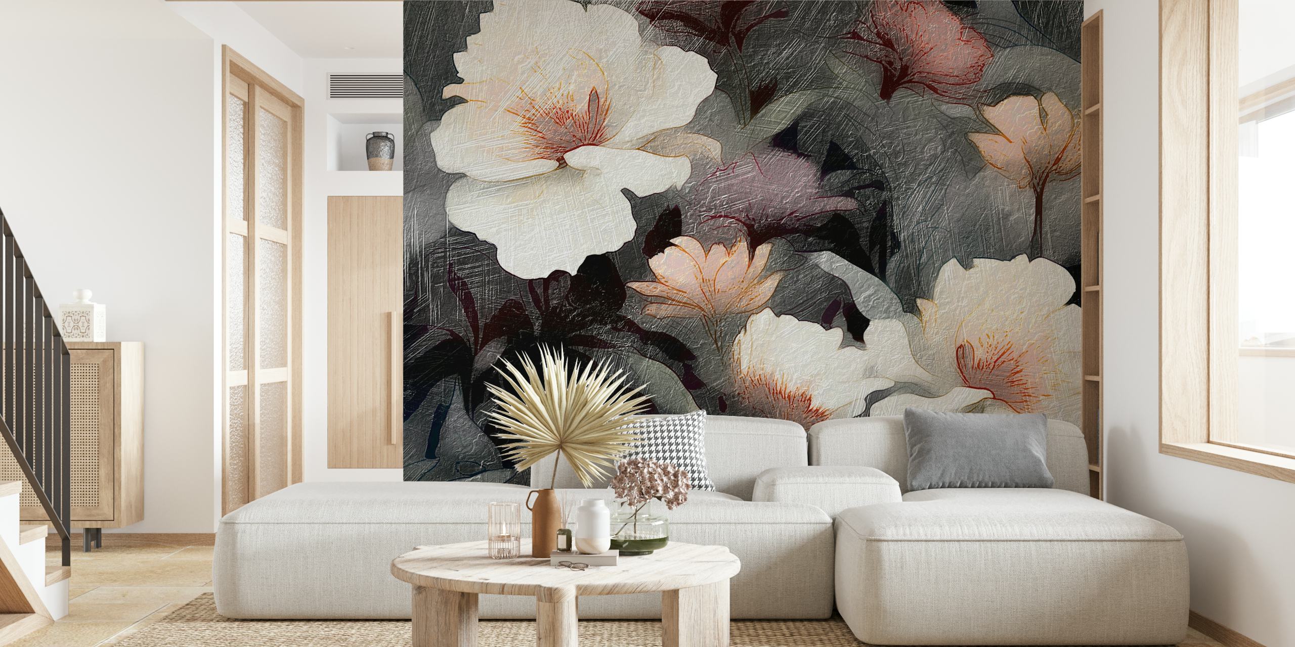 White flowers on dark textured background wallpaper