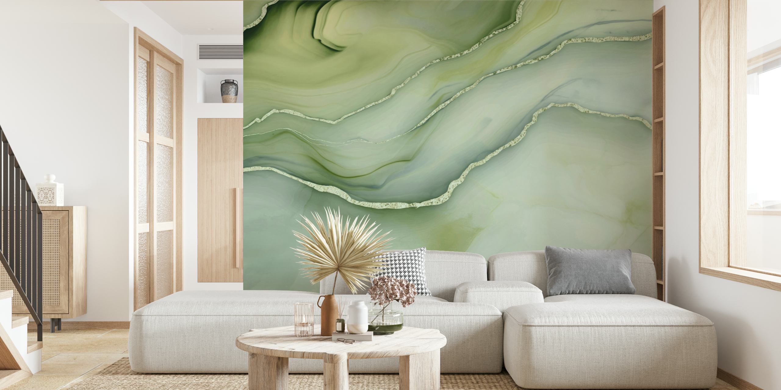Sage green and white marble wallpaper with fluid patterns