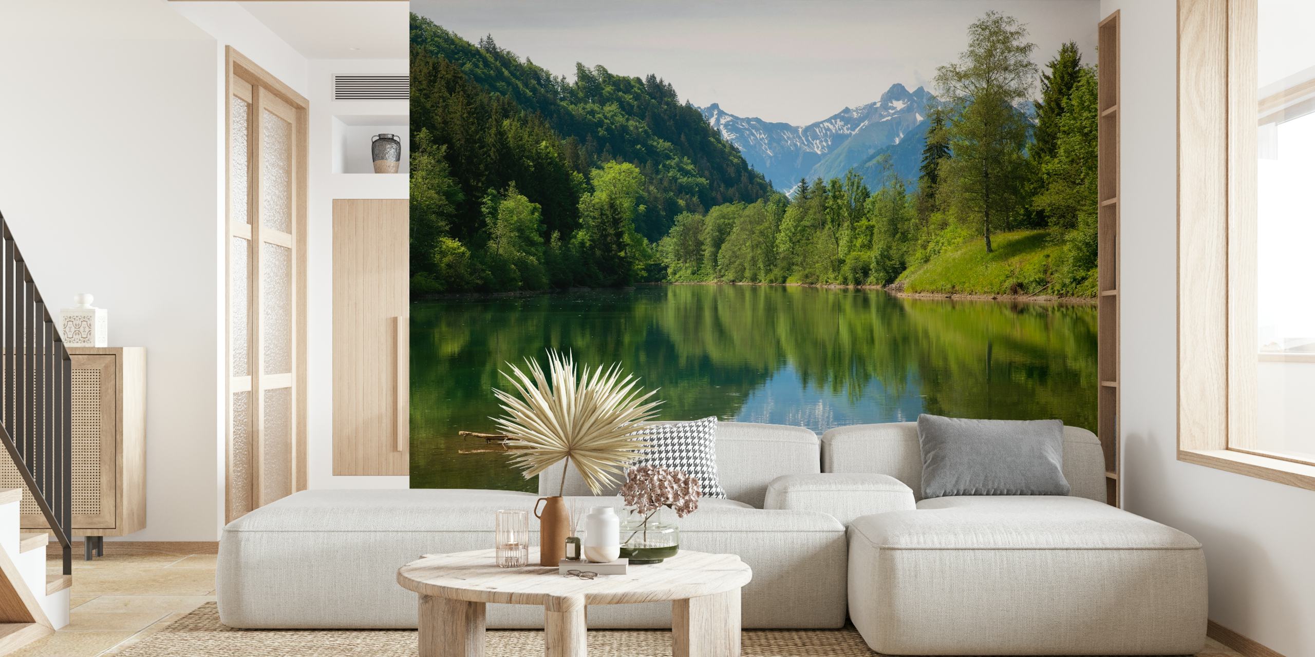 Mountain lake with greenery and reflection wallpaper