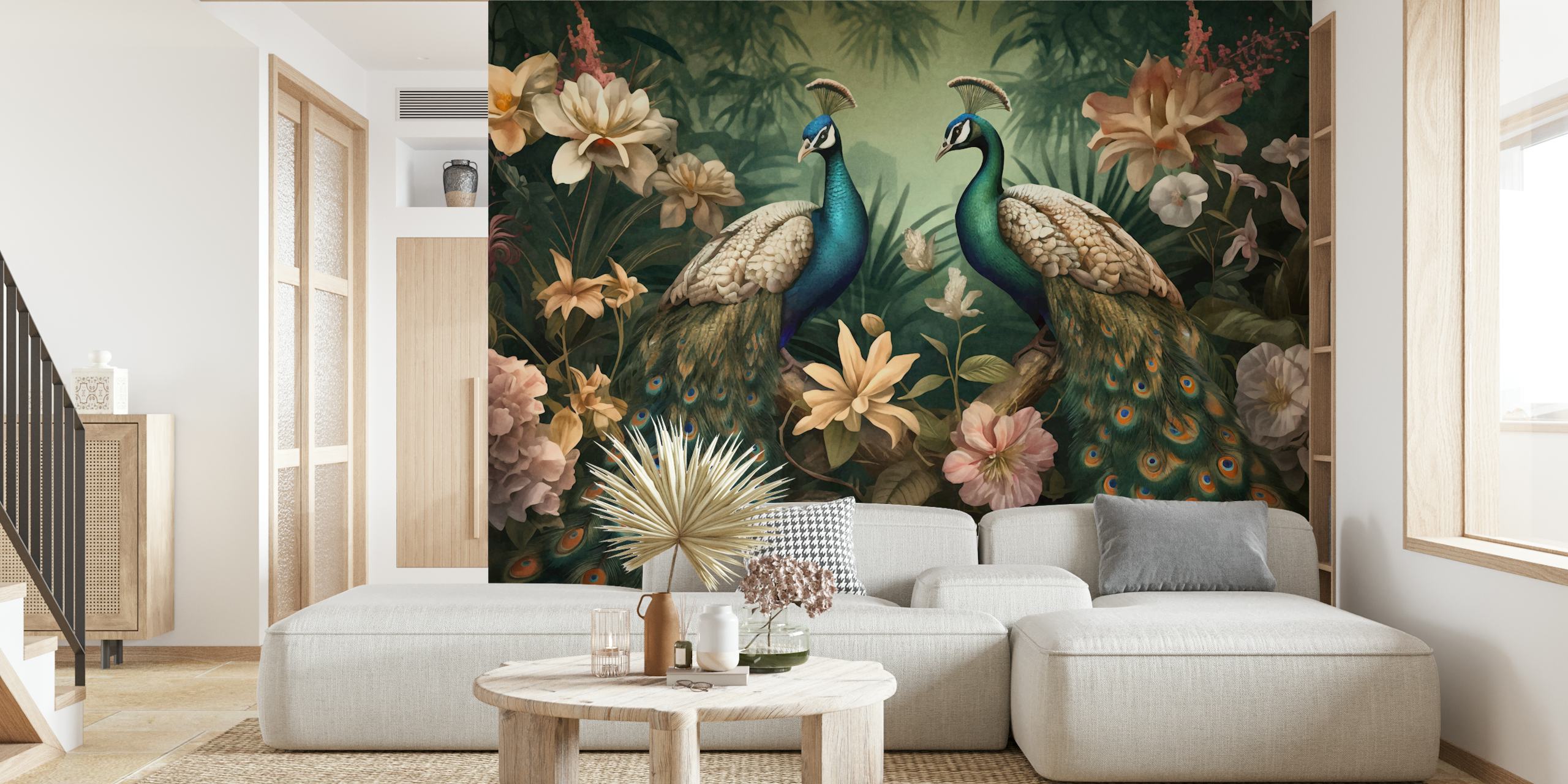 Wall mural of two peacocks in a floral jungle garden with intricate flowers and leaves.