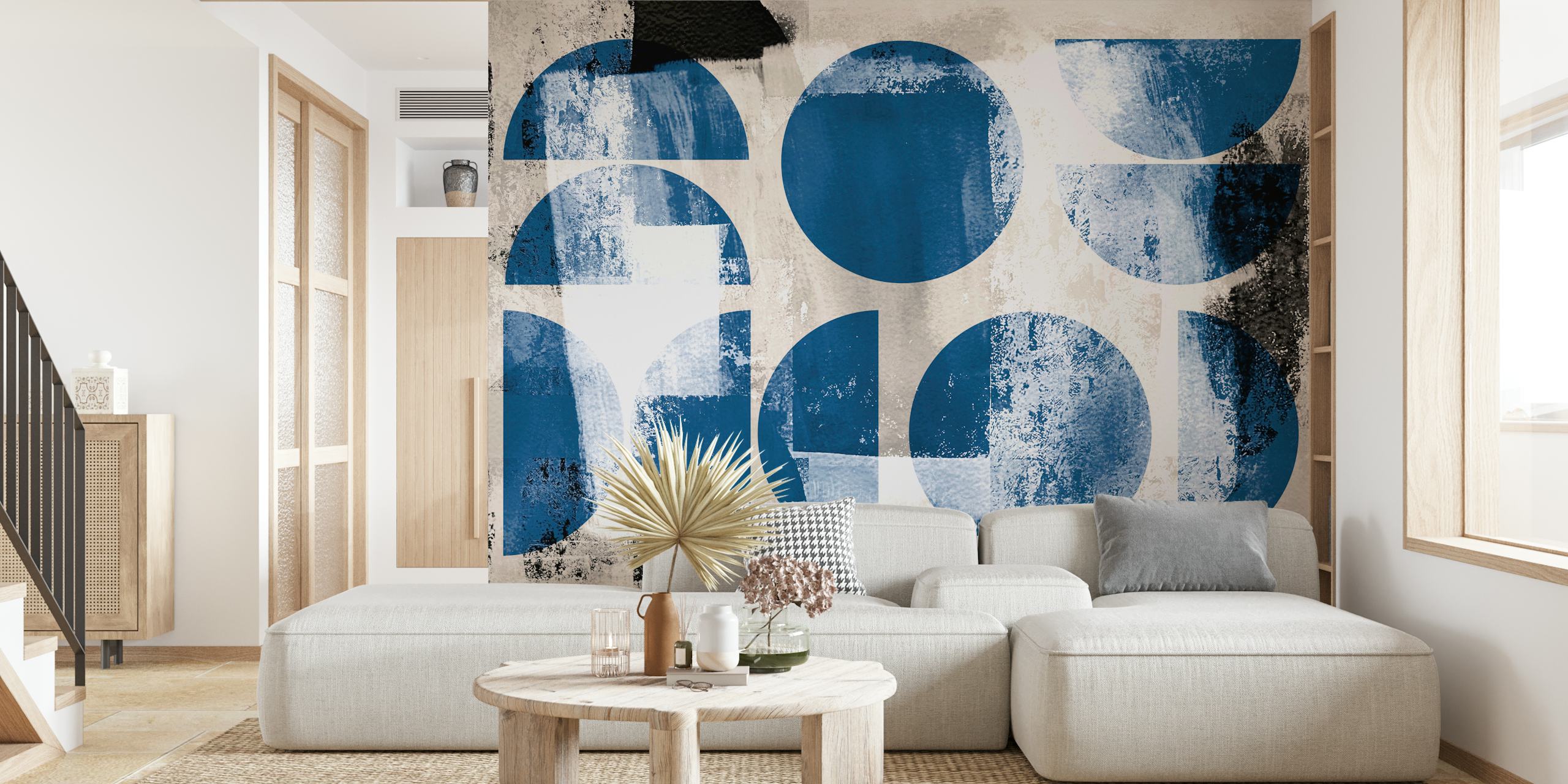 Mid-century Bauhaus industrial style wall mural with blue geometric shapes on a distressed background