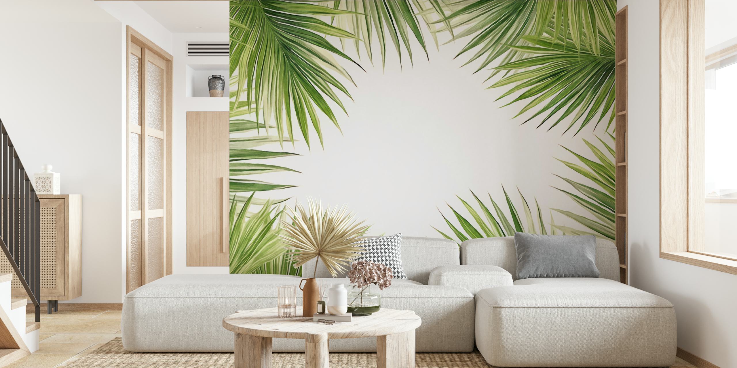 Carta da parati a tema oasi tropicale con una cornice di foglie di palma verdi su uno sfondo chiaro