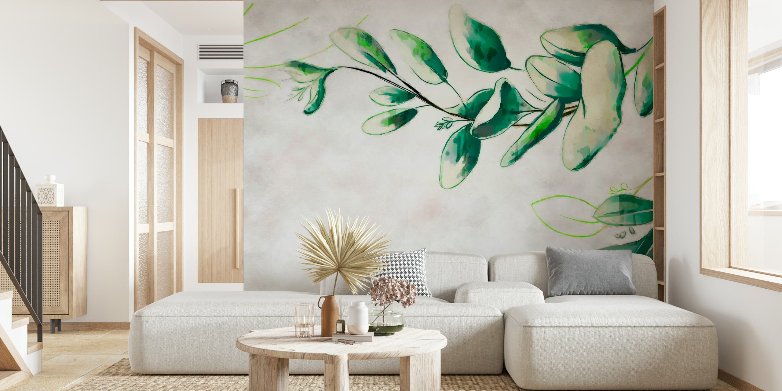 Painted leaves wallpaper in a room setting