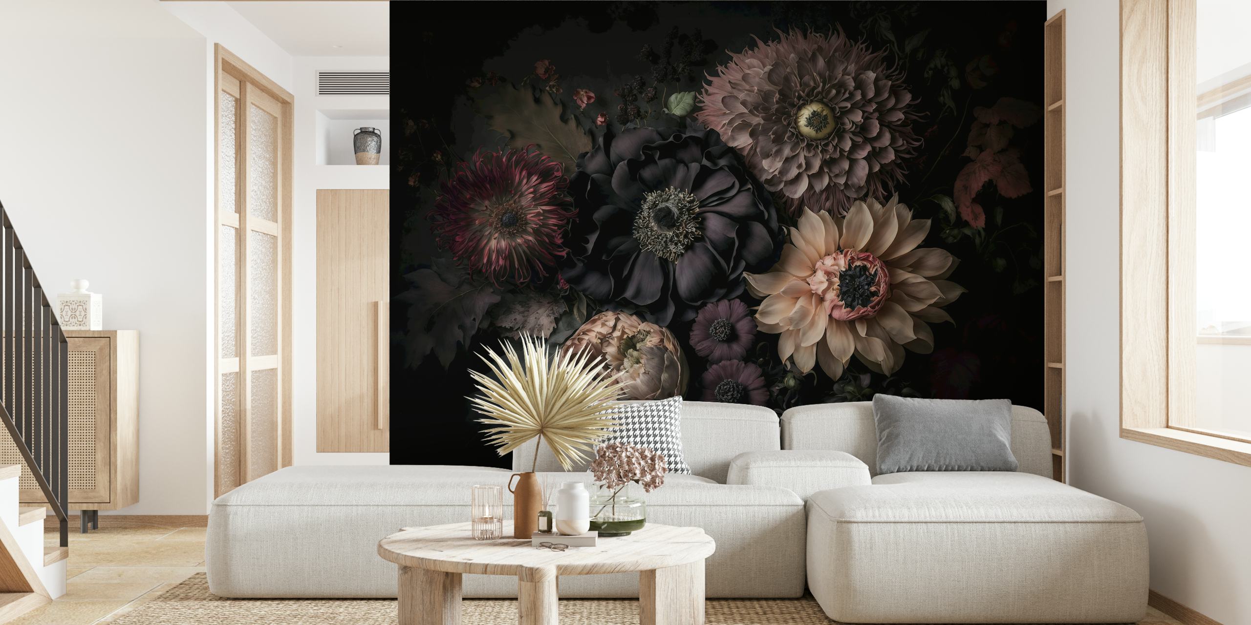 Donkere bloemen in verschillende tinten op zwart achtergrond wallpaper