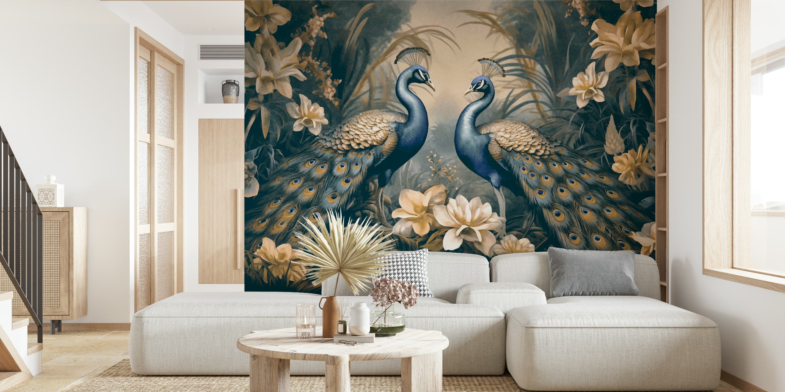 Majestic peacocks in a moonlit jungle garden wall mural