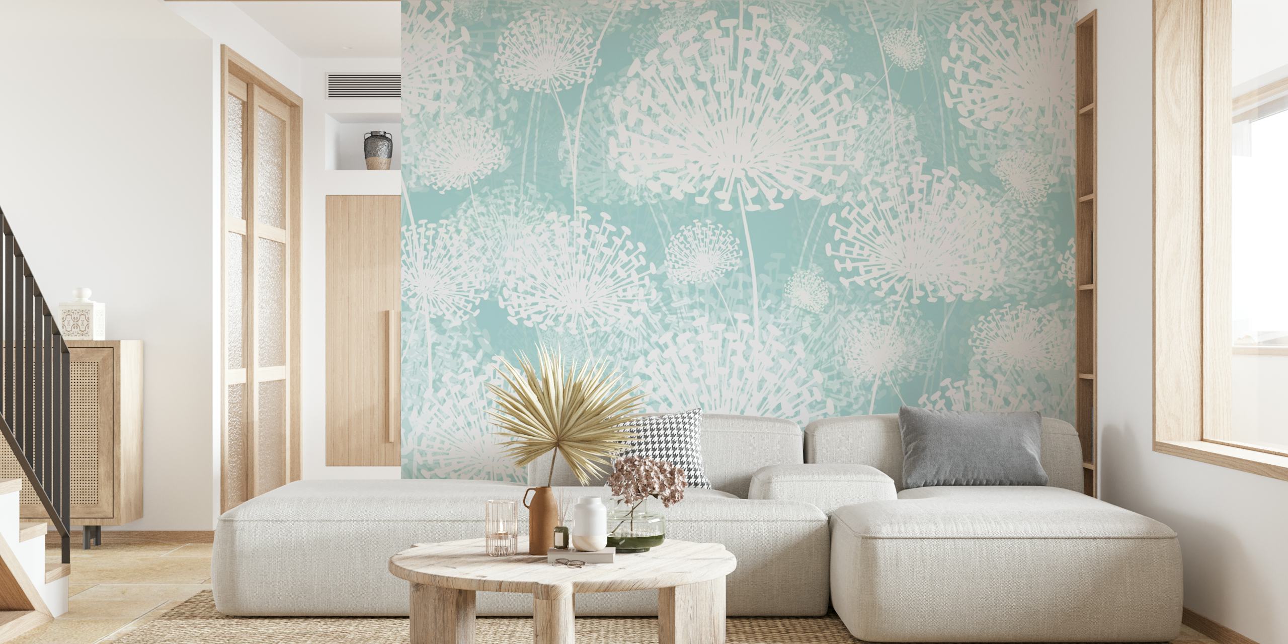 Turquoise floral dandelion pattern wallpaper
