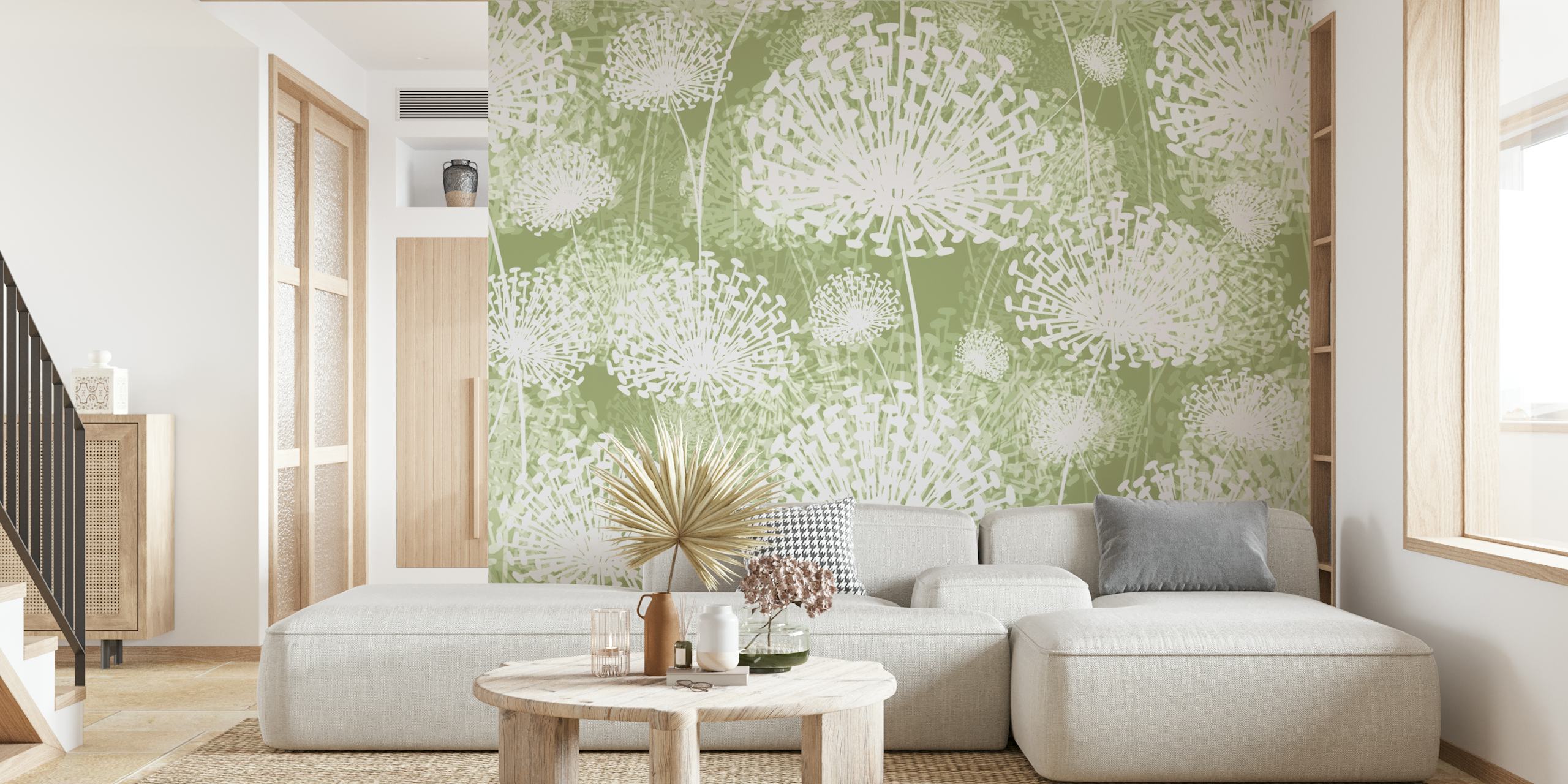 Dandelions Pastel Green wallpaper in a room