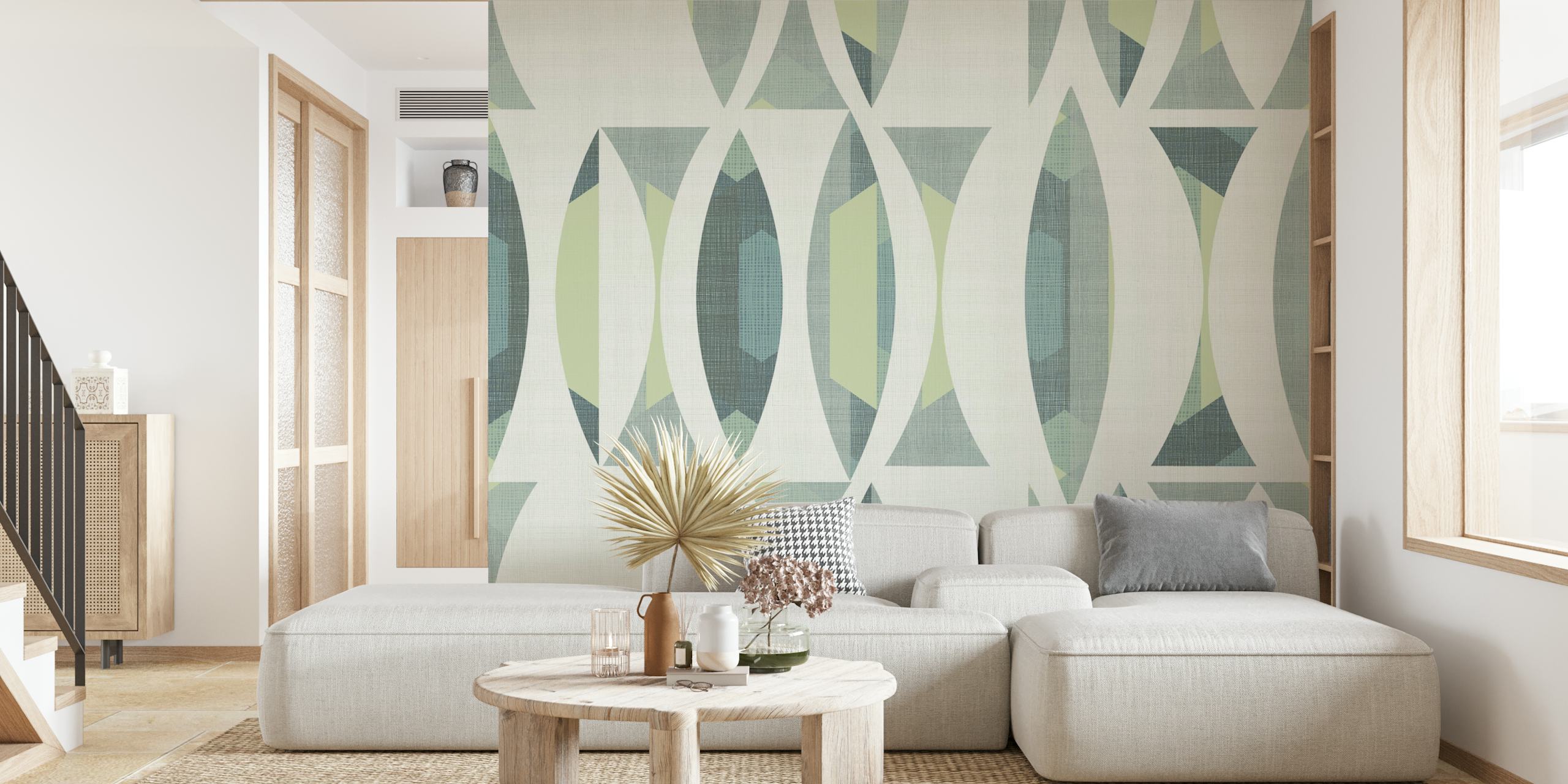 Geometric pattern in muted greens and blues on white wallpaper