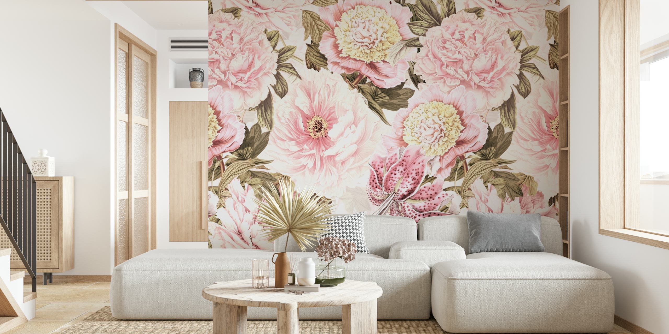 Pink peonies and lilies floral pattern wallpaper