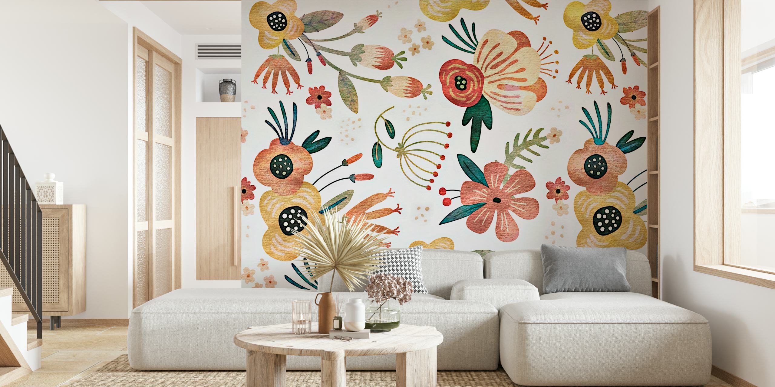 Rustic Floral Watercolor wall mural with soft pastel flowers