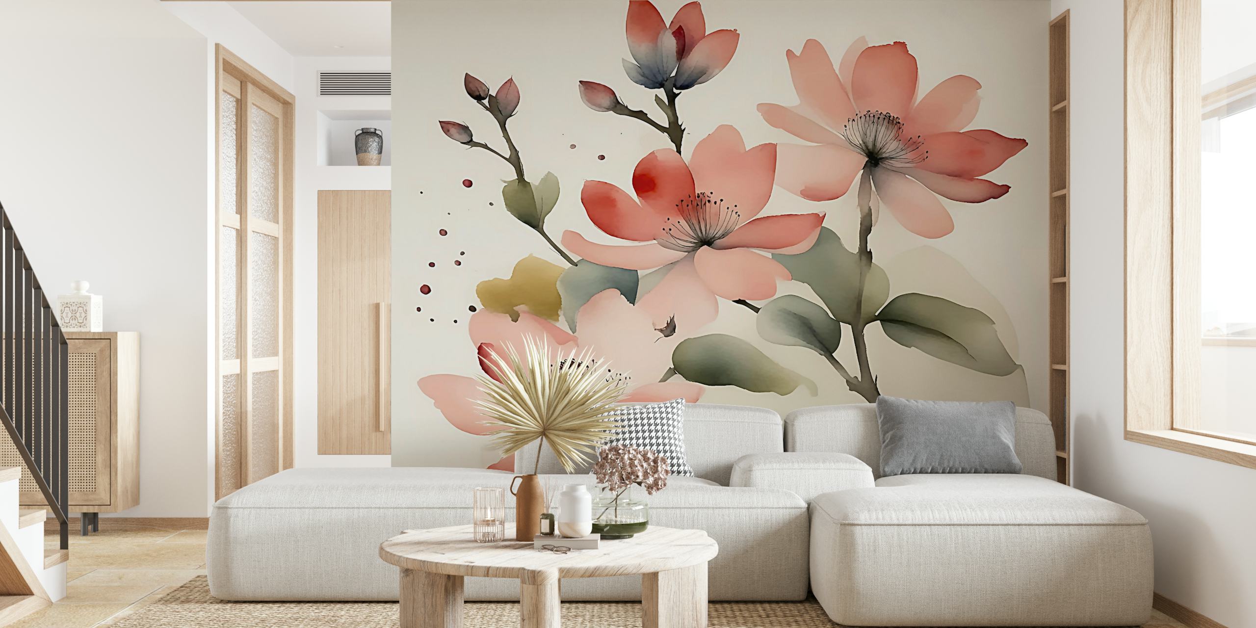 Pink Wabi Sabi floral wallpaper with blush petals and leaves